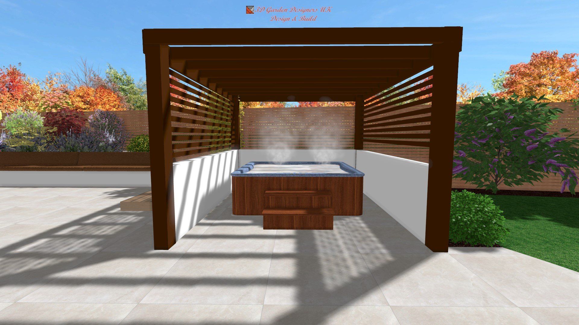 A hot tub is under a wooden pergola in a backyard.