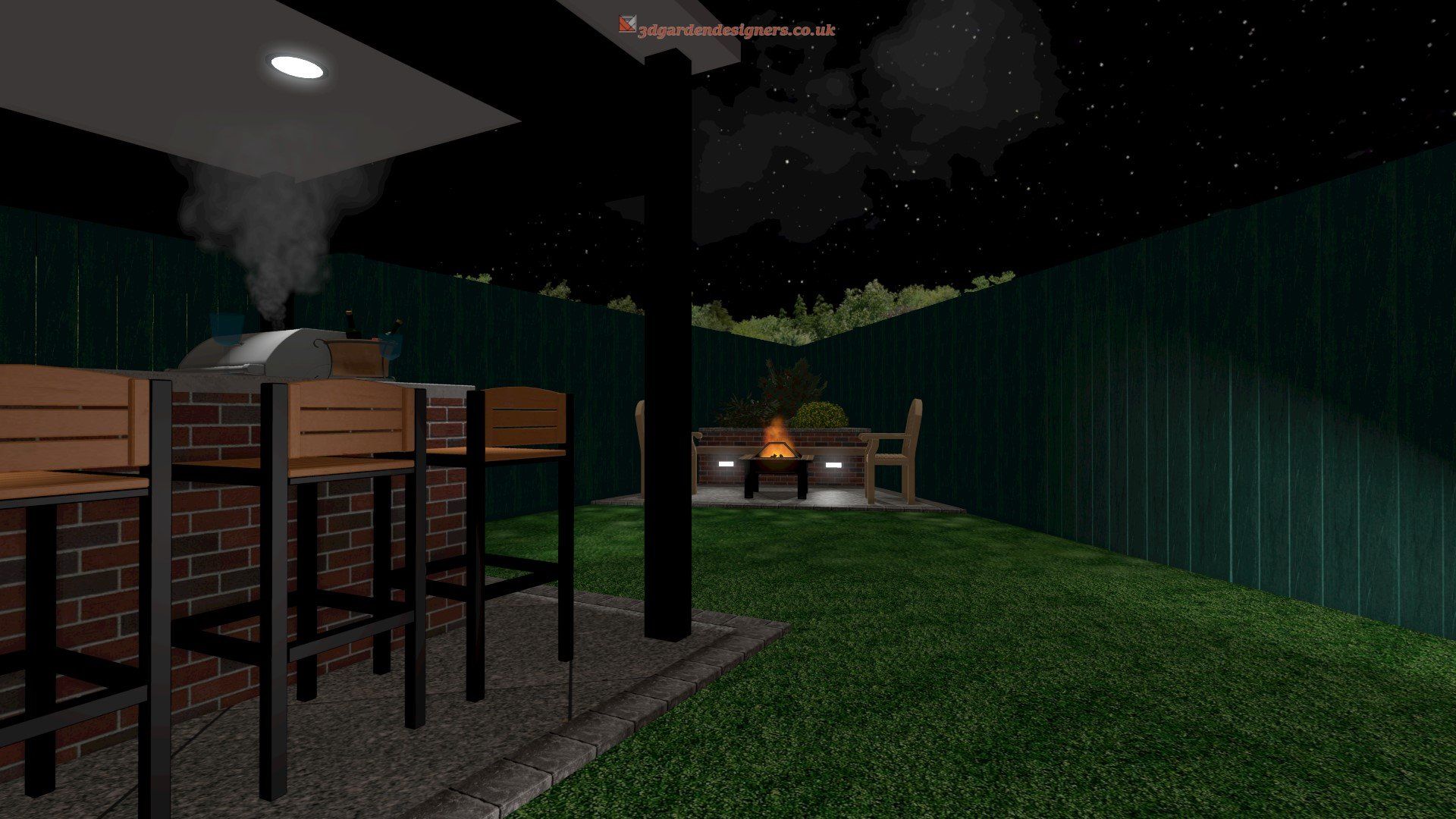 A computer generated image of a backyard with a grill and a fire pit at night.
