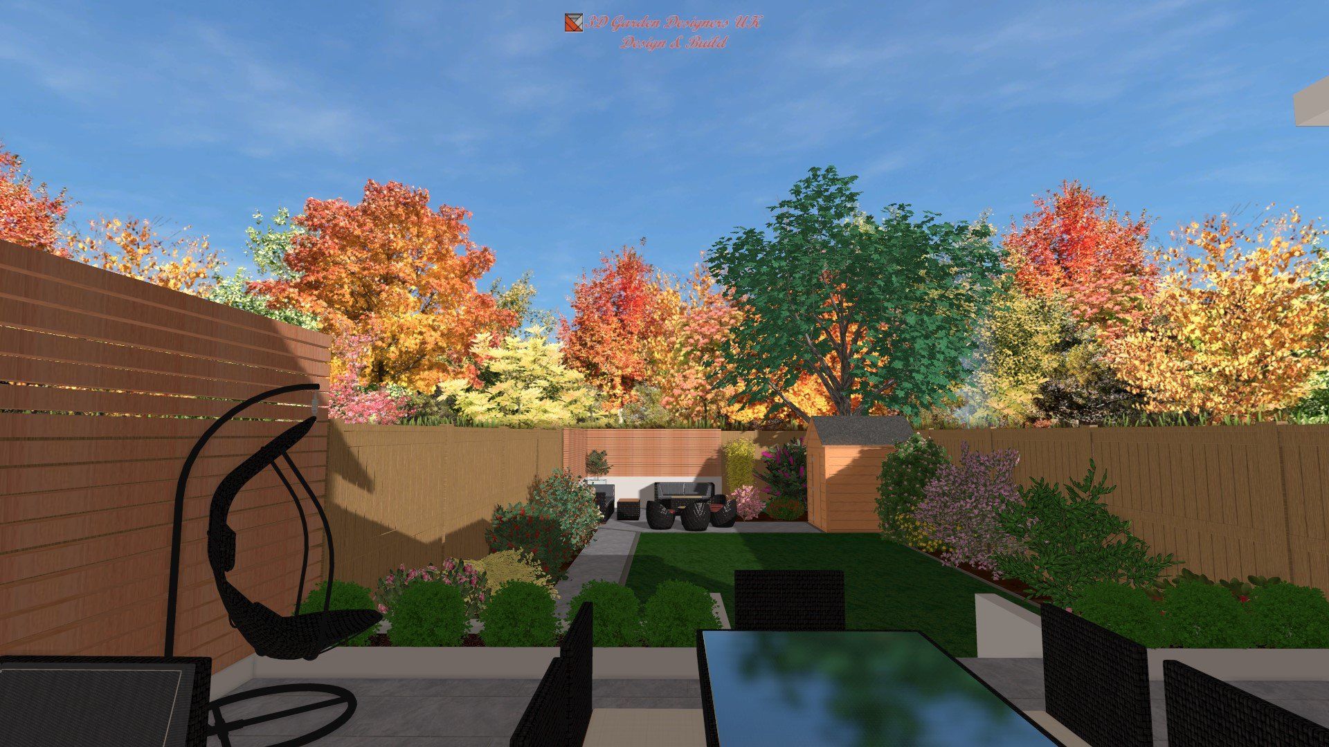 A computer generated image of a backyard with a table and chairs.