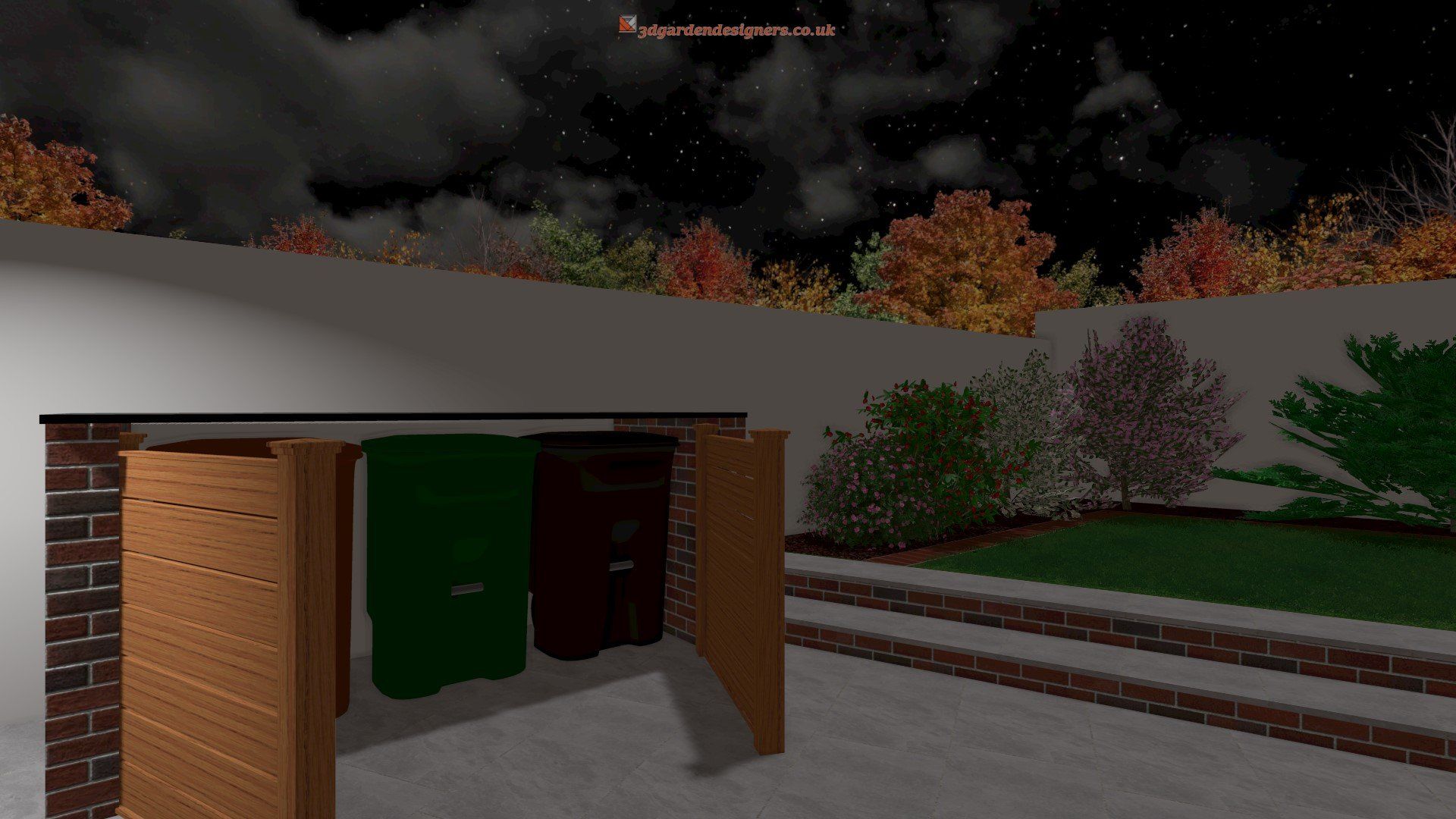 A computer generated image of a backyard at night