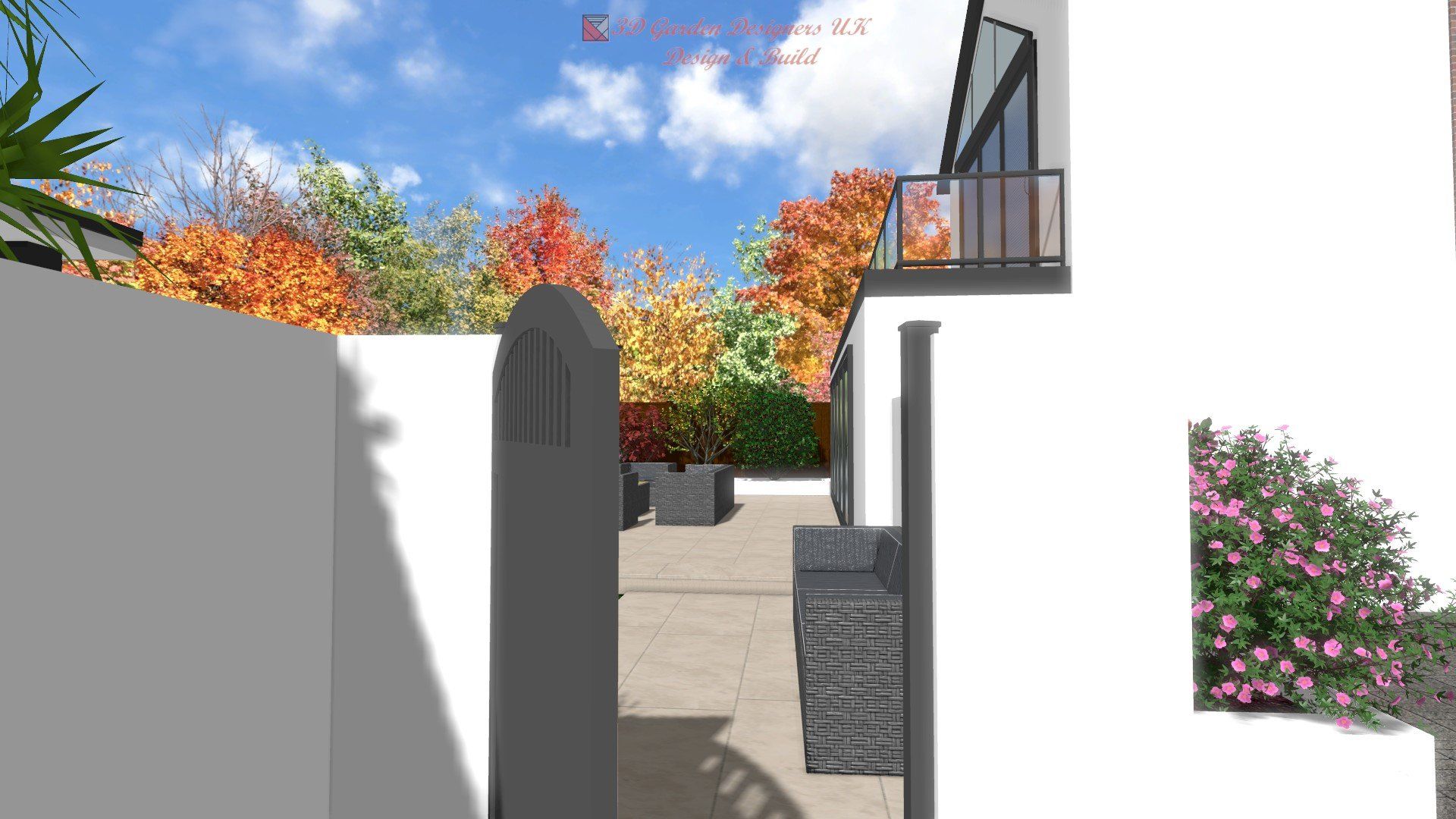 A computer generated image of a house with a garden in front of it.