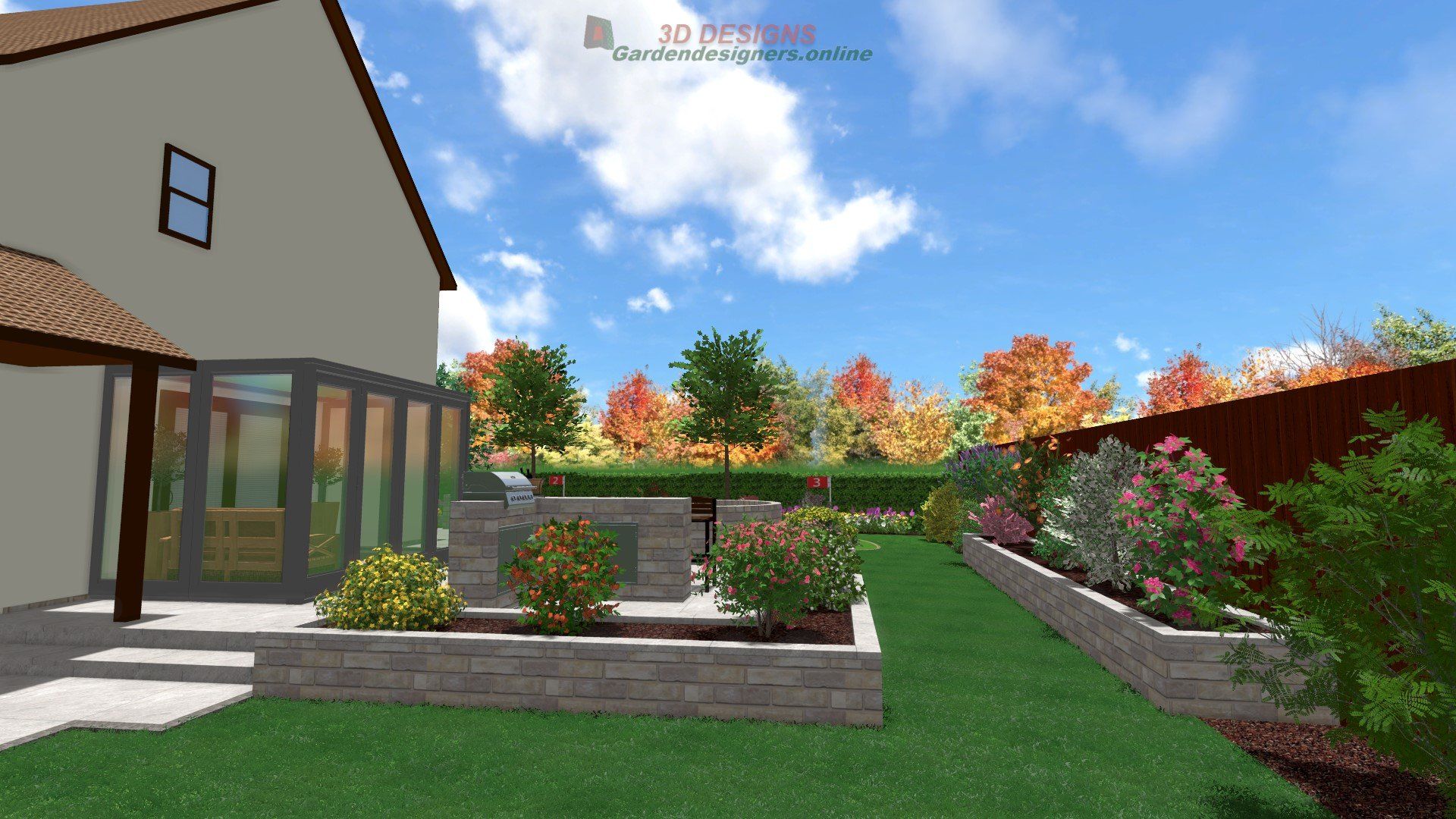 A computer generated image of a house with a garden in front of it.