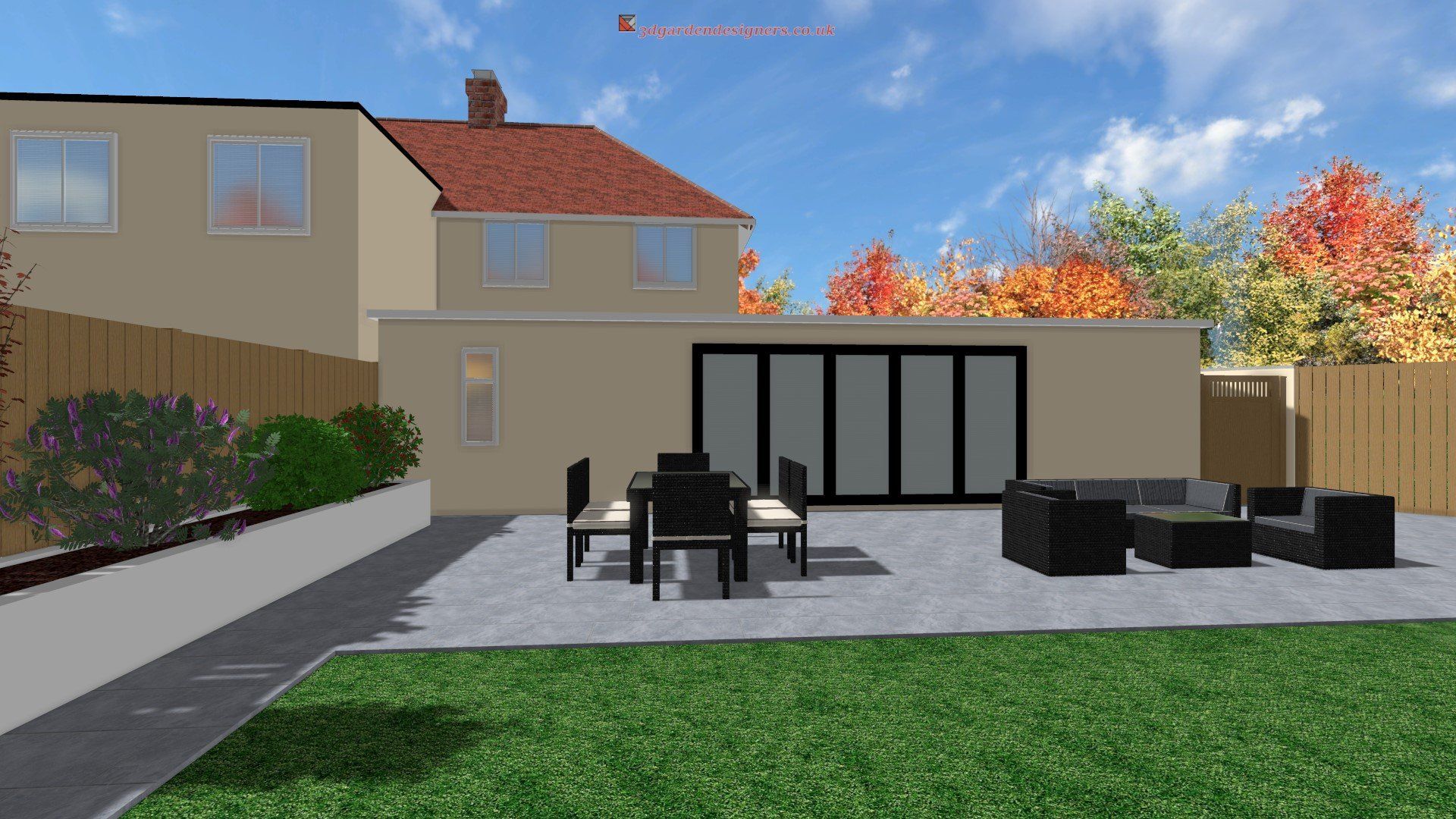 A computer generated image of a backyard with a table and chairs