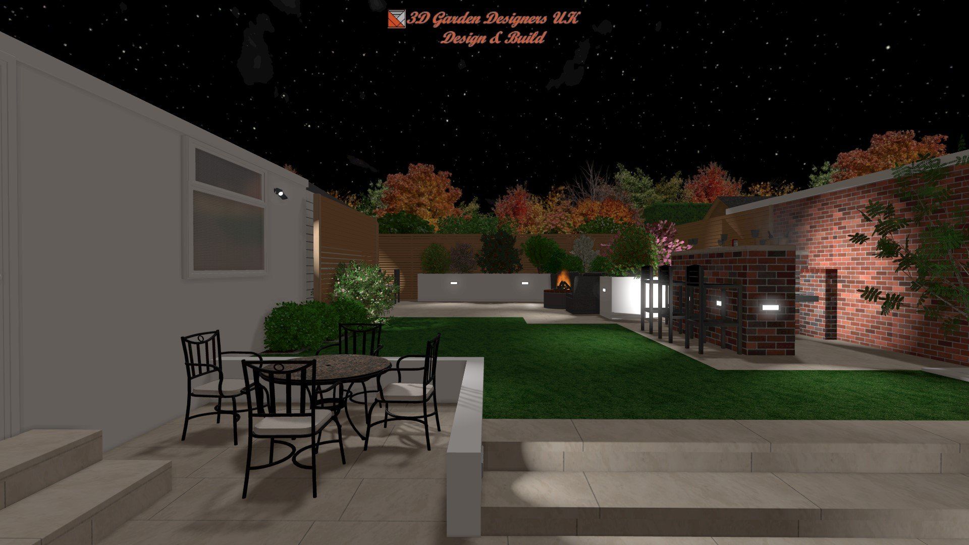 online garden design A computer generated image of a backyard with a table and chairs at night.