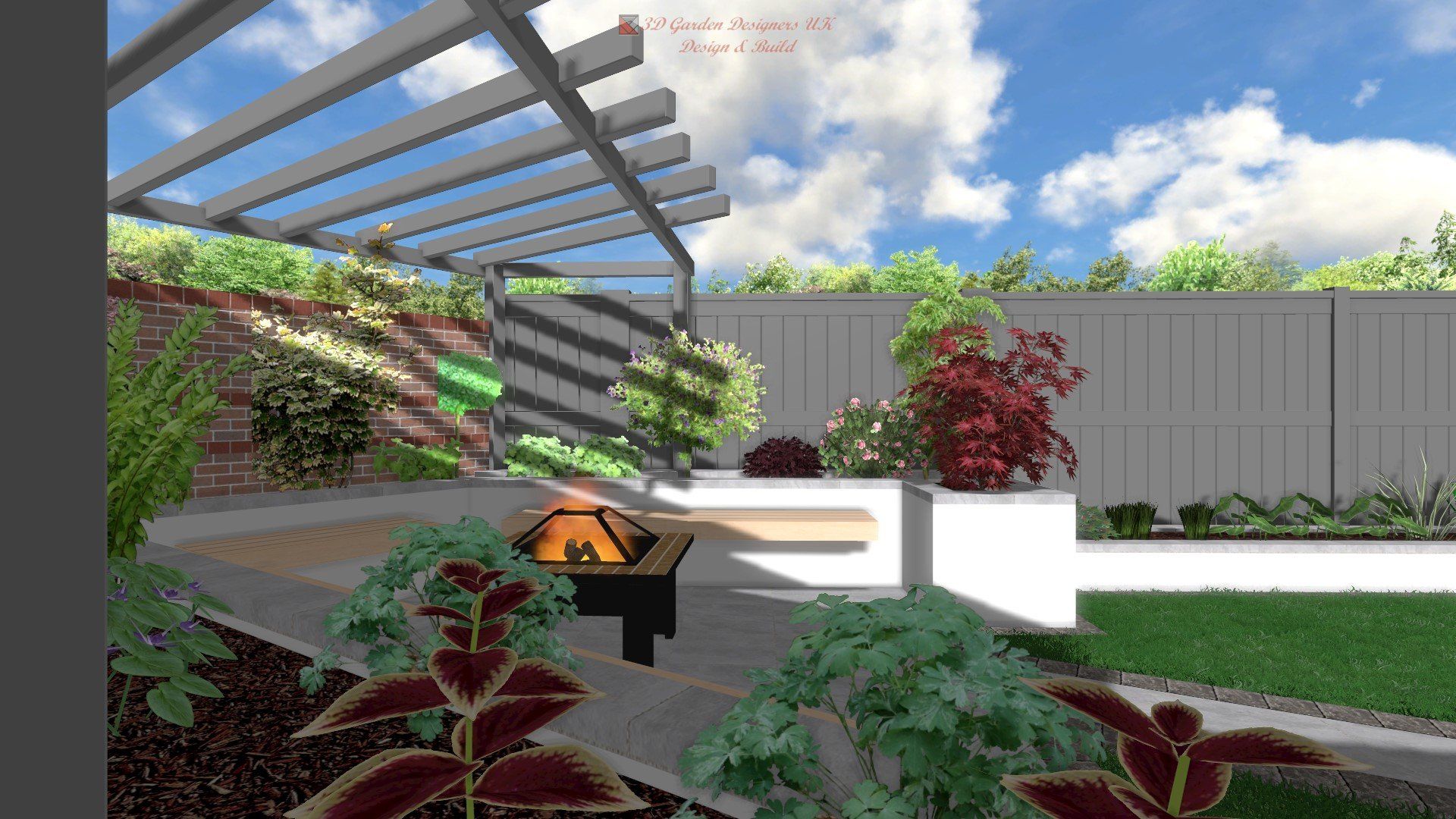 A computer generated image of a backyard with a fire pit and a pergola.