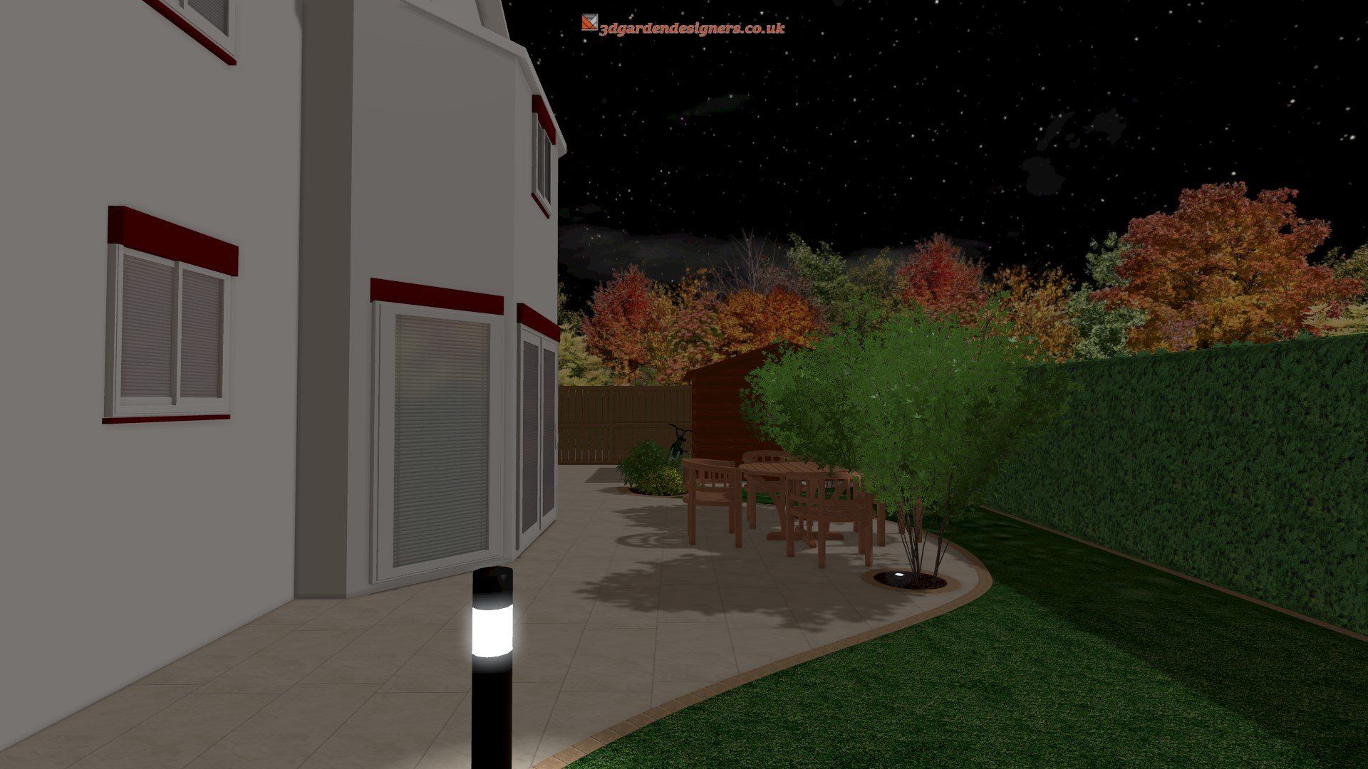 A computer generated image of a backyard at night