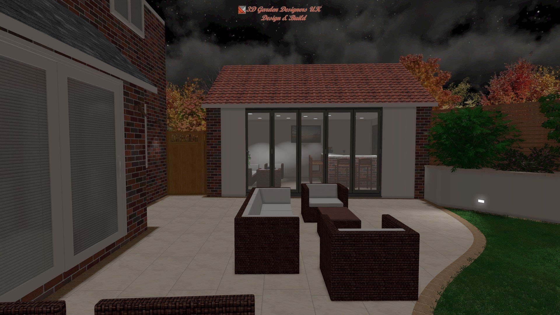 A computer generated image of a house with a patio area and furniture.