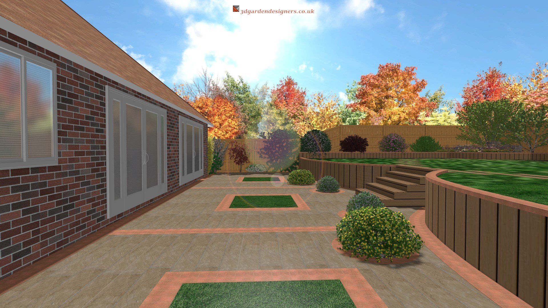 A computer generated image of a backyard with a brick house in the background