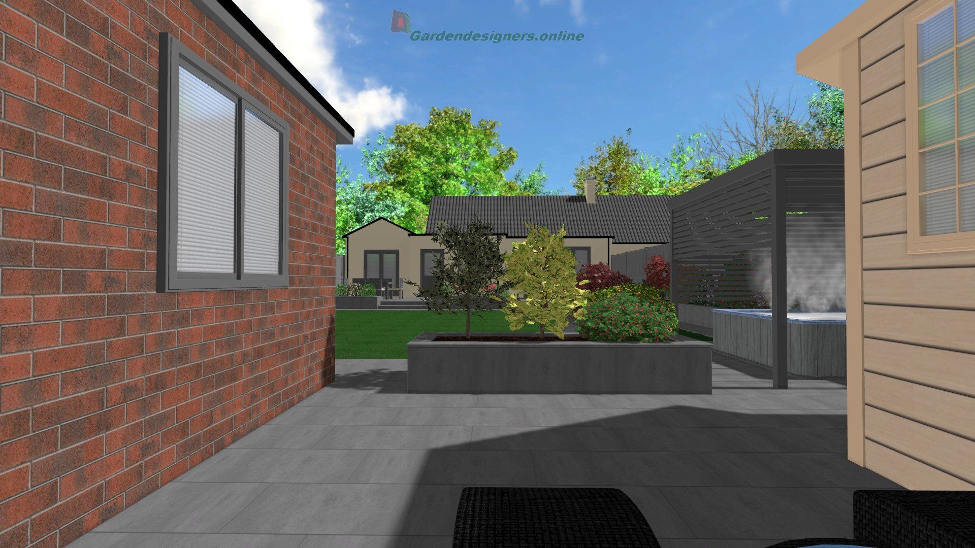 A computer generated image of a house with a brick wall