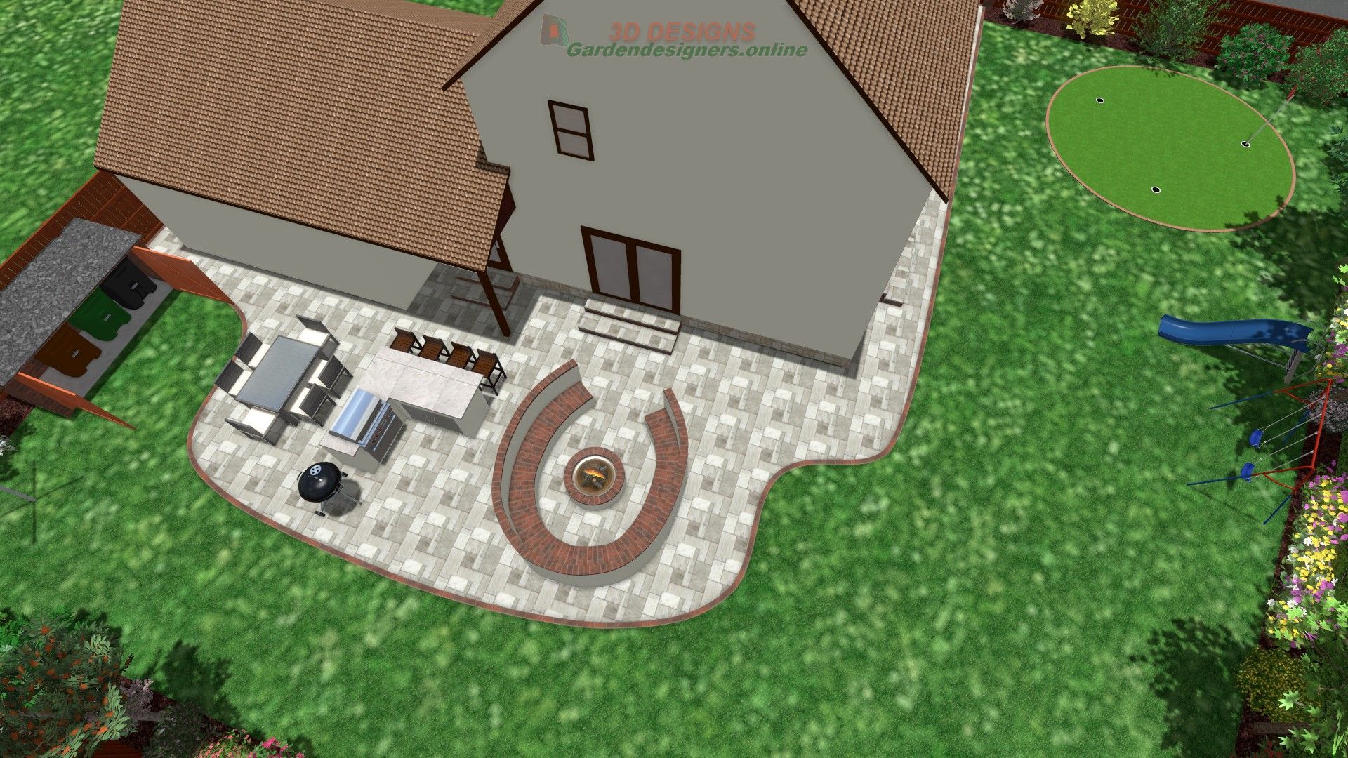 An aerial view of a house with a patio and a car parked in front of it.