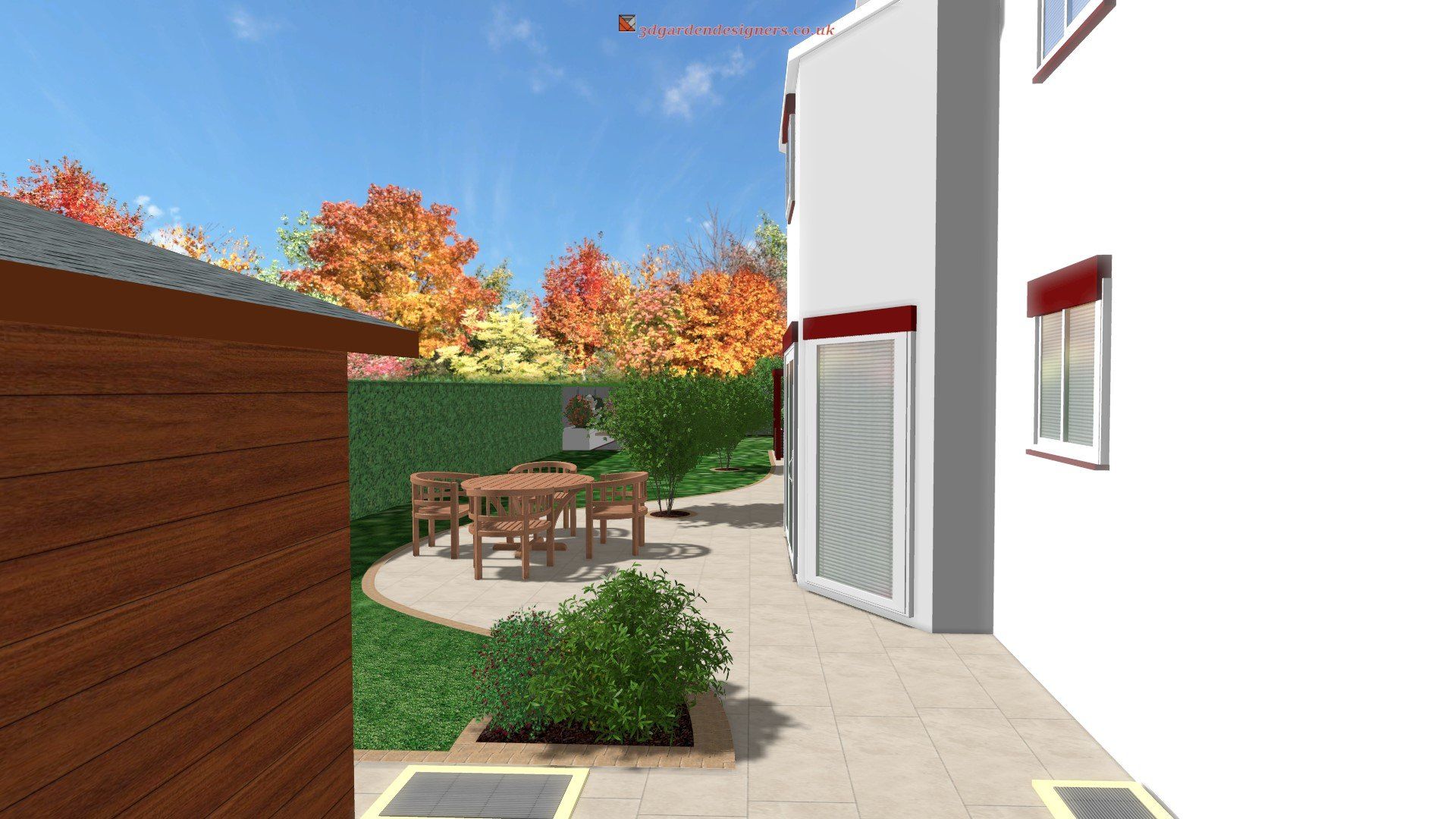 A computer generated image of a backyard with a table and chairs