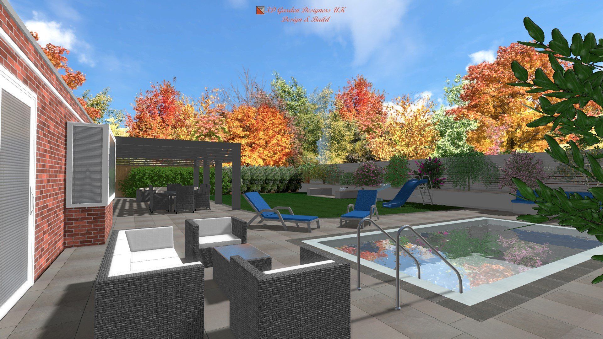 A computer generated image of a backyard with a swimming pool