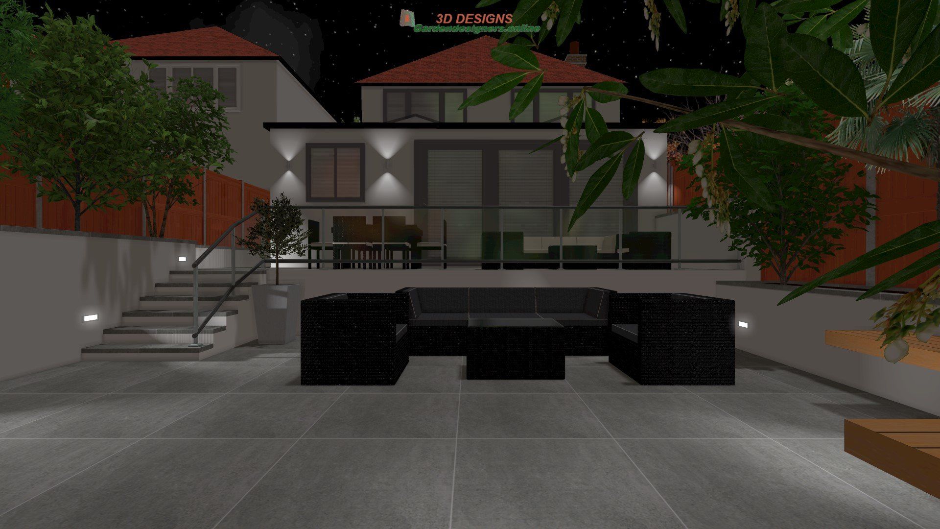 A 3d rendering of a backyard with a couch and chairs at night.