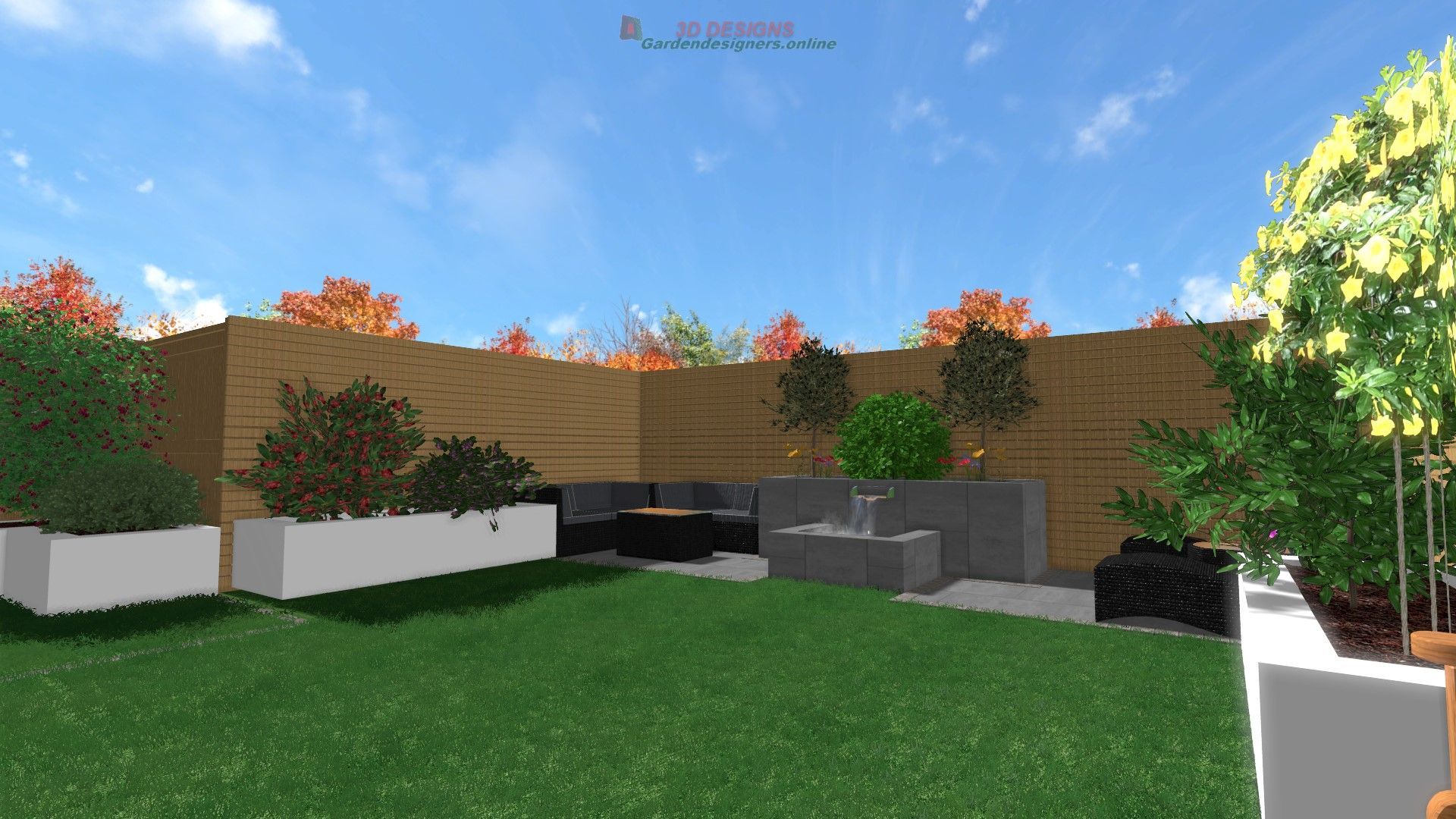 A computer generated image of a backyard with a wooden fence and a lush green lawn.