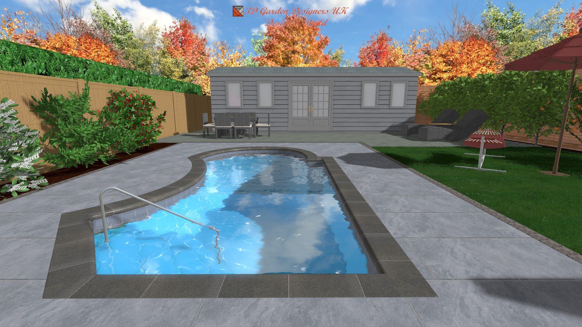 A computer generated image of a swimming pool in a backyard