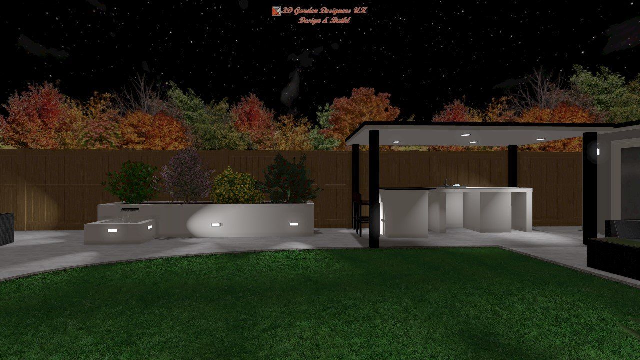 A computer generated image of a backyard at night