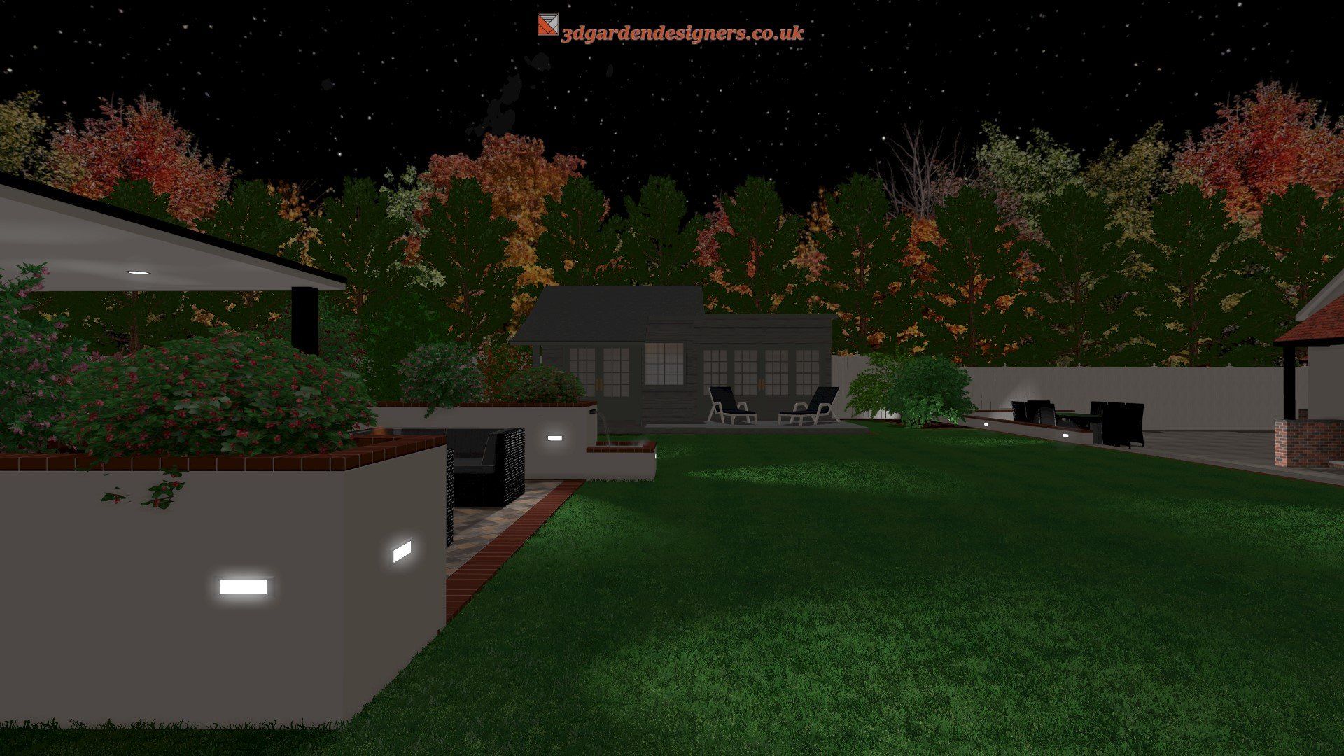 A computer generated image of a backyard at night with a house in the background.