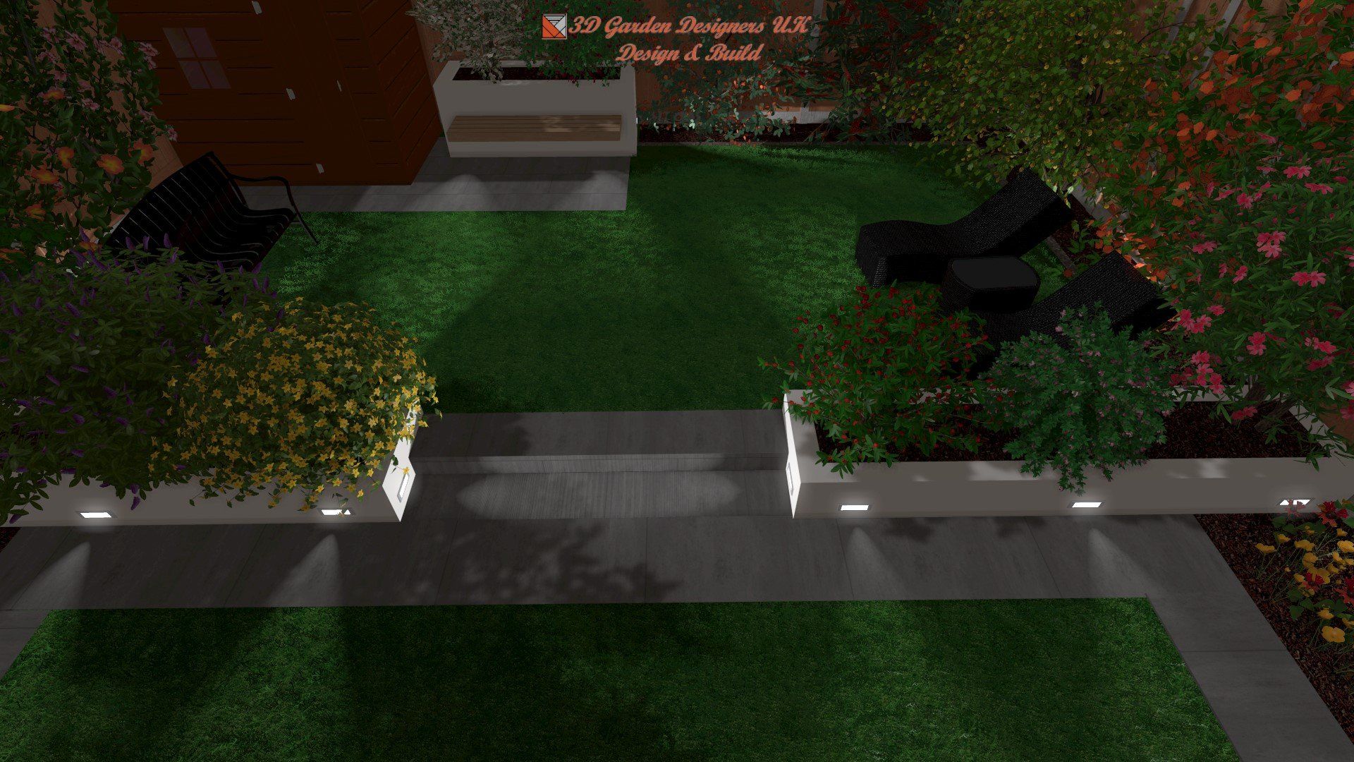 A 3d rendering of a garden with a lawn , planters , chairs and flowers.