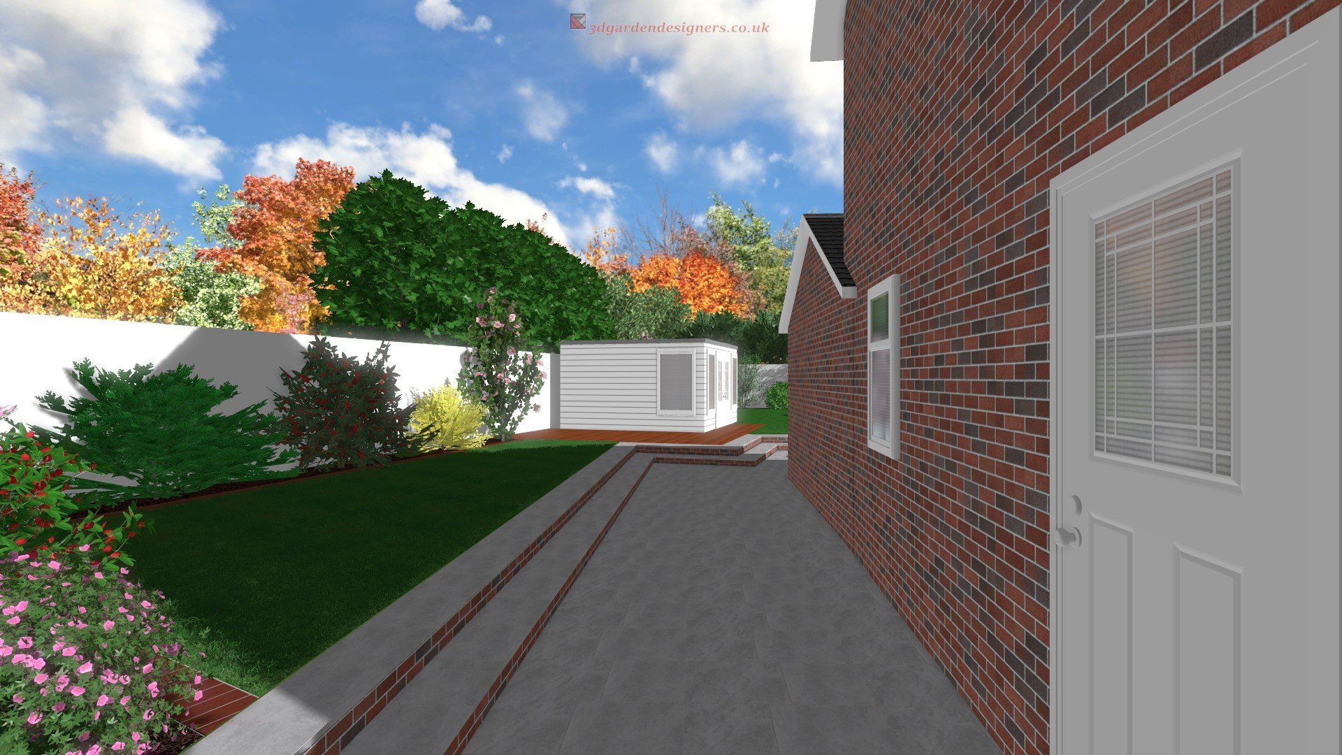 A computer generated image of a brick house with a white door