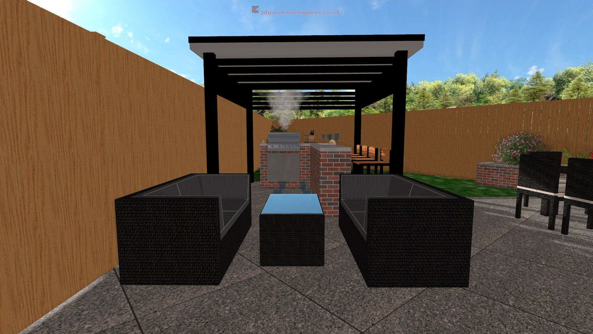 A computer generated image of a backyard with a pergola and patio furniture.