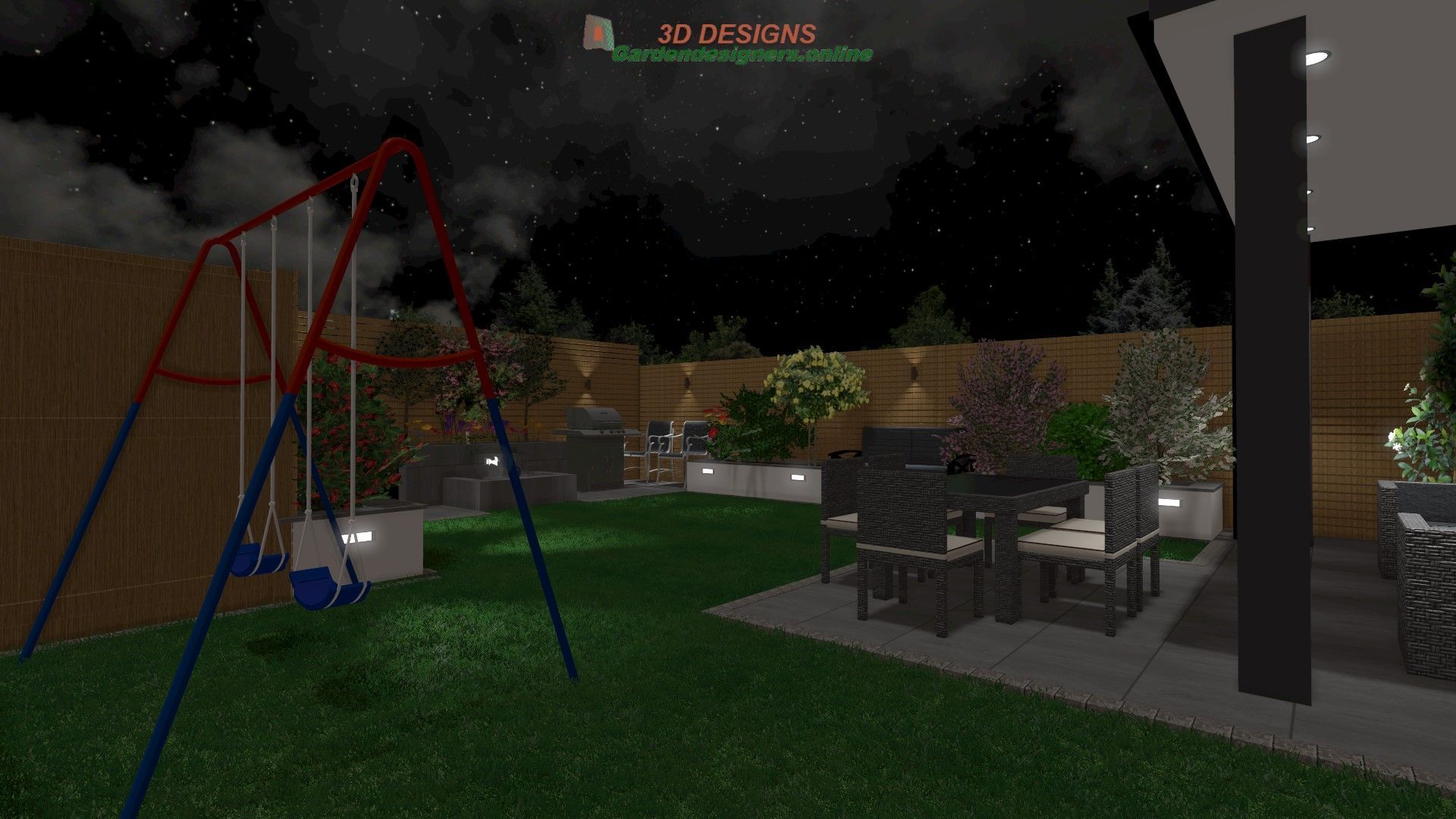 A 3d rendering of a backyard at night with a swing set , table and chairs.