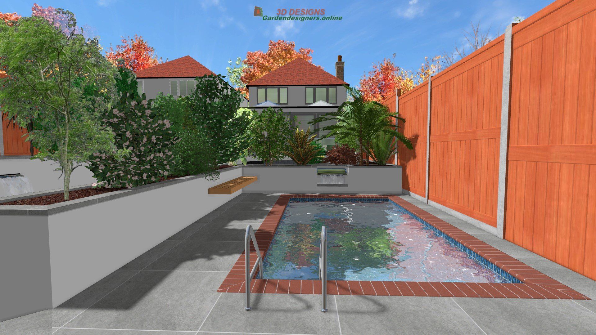 A computer generated image of a backyard with a swimming pool