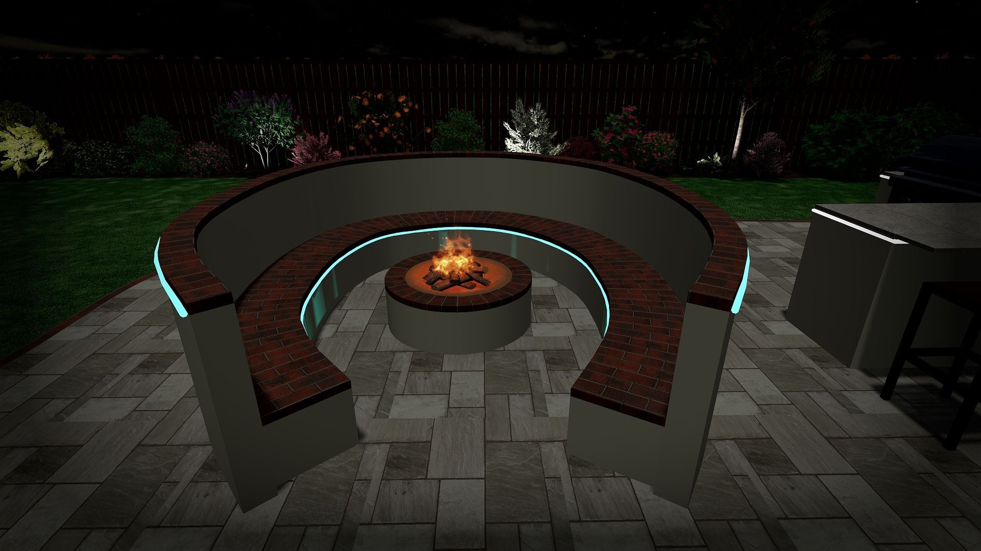There is a fire pit in the middle of the patio.