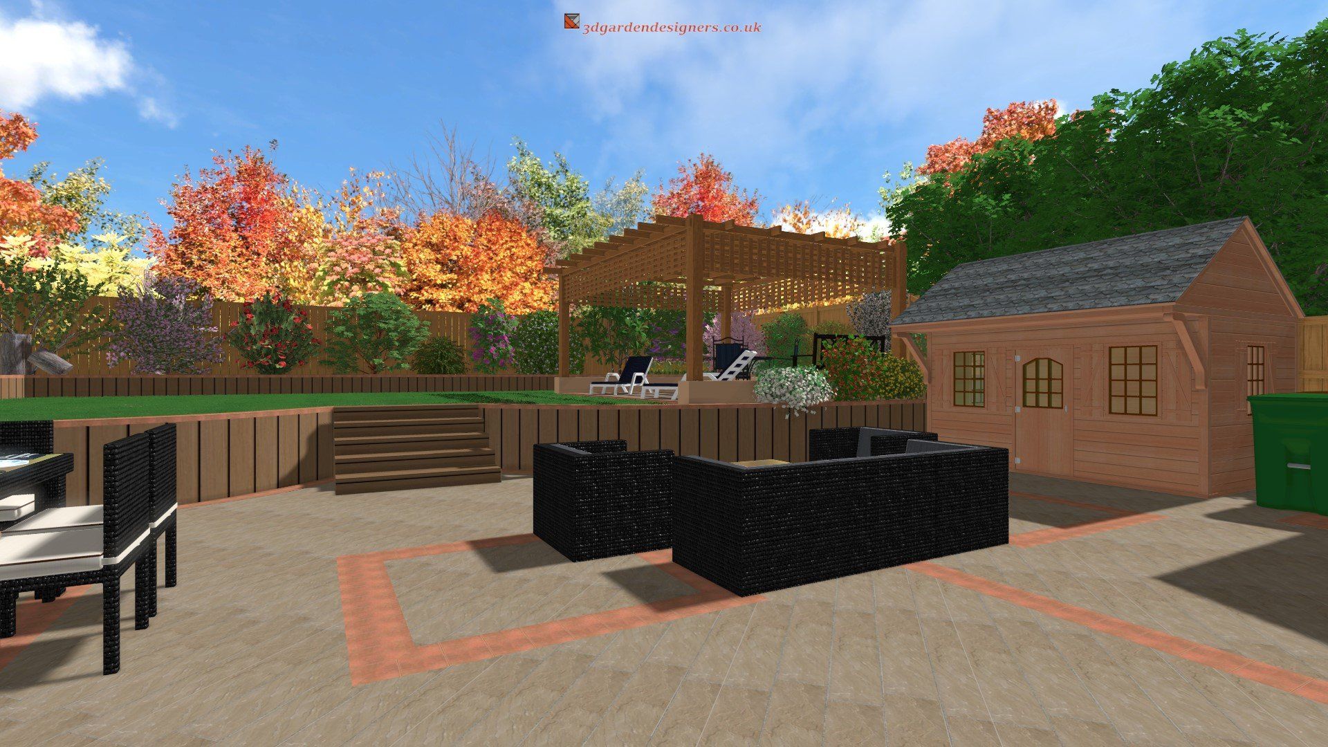 A computer generated image of a backyard with a gazebo and patio furniture.