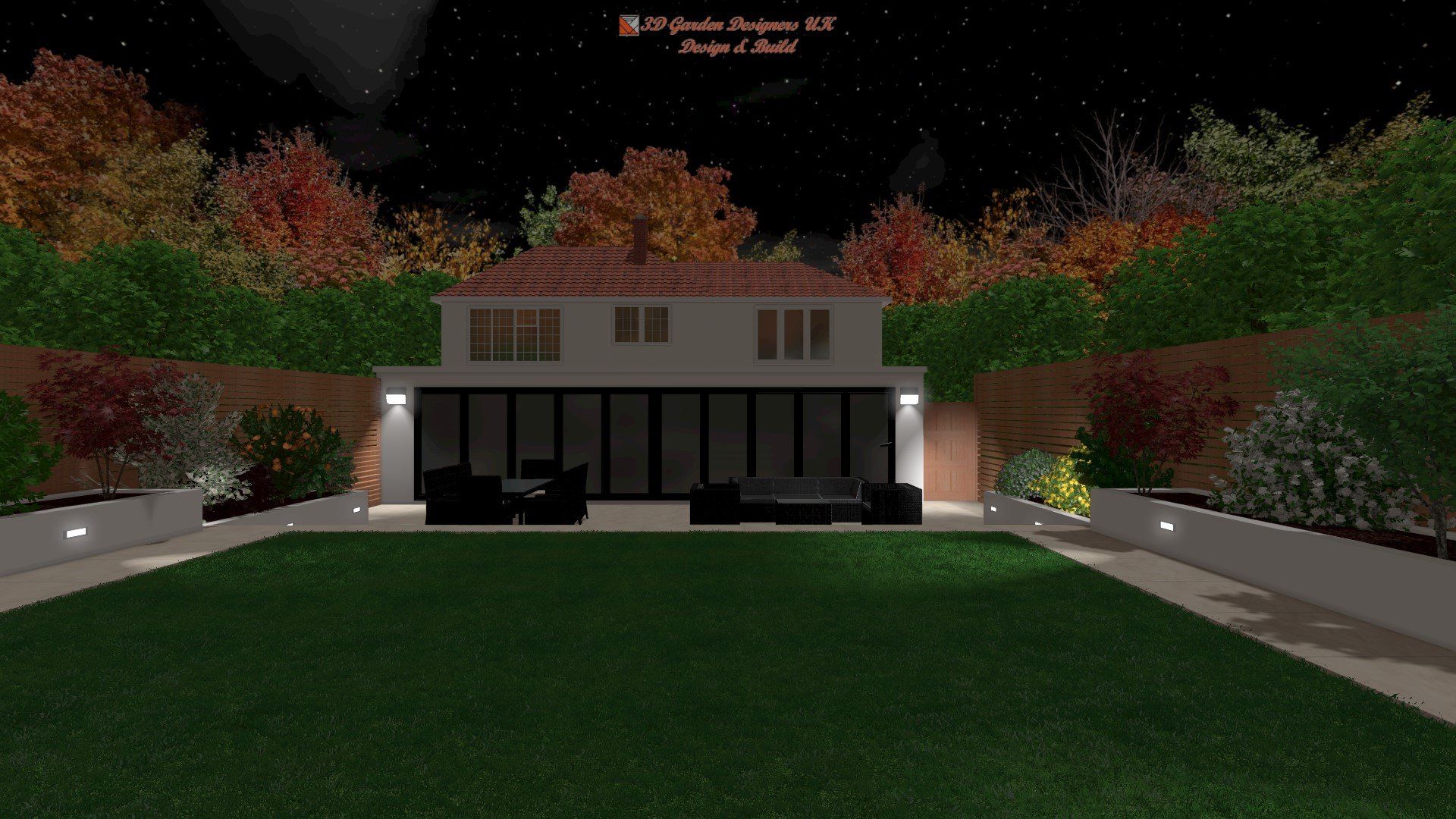 A computer generated image of a house with a large lawn in front of it.