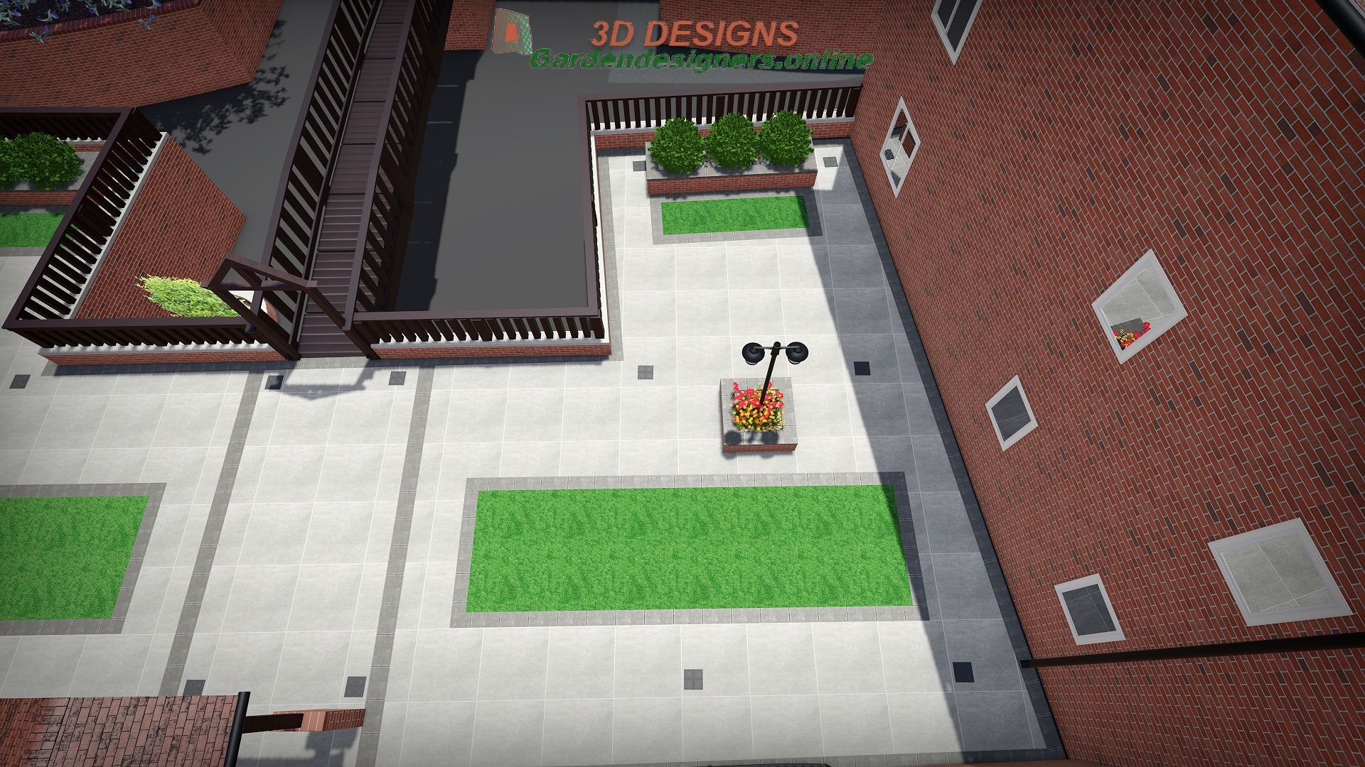 An aerial view of a brick building with a courtyard in minecraft.