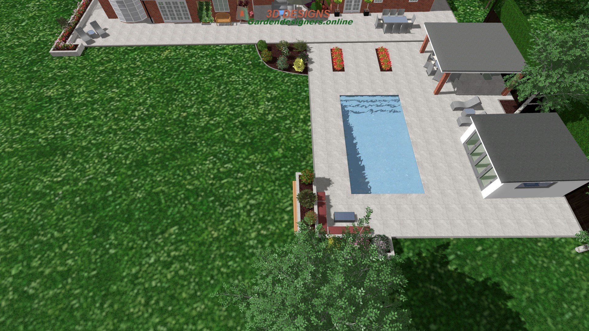 An aerial view of a house with a large swimming pool in the backyard.