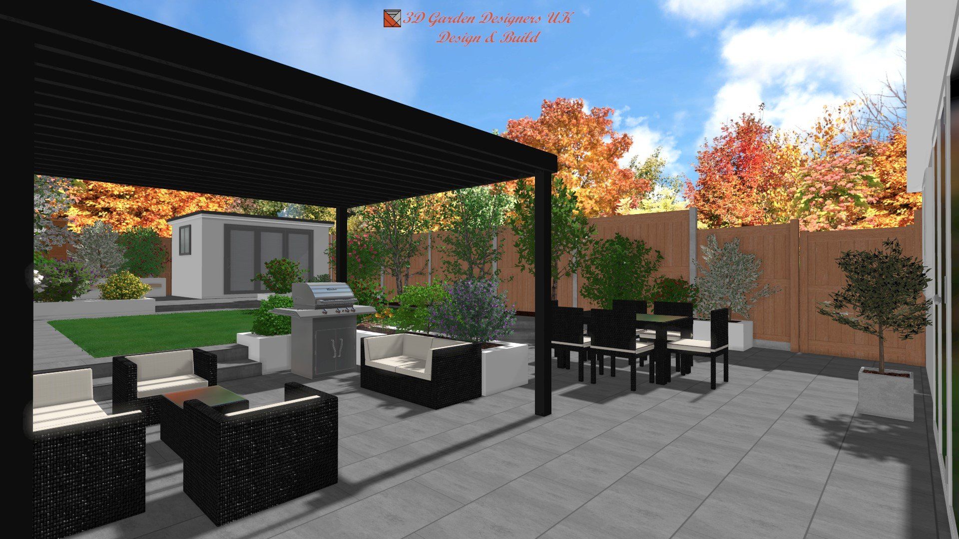 A computer generated image of a patio with furniture and a pergola