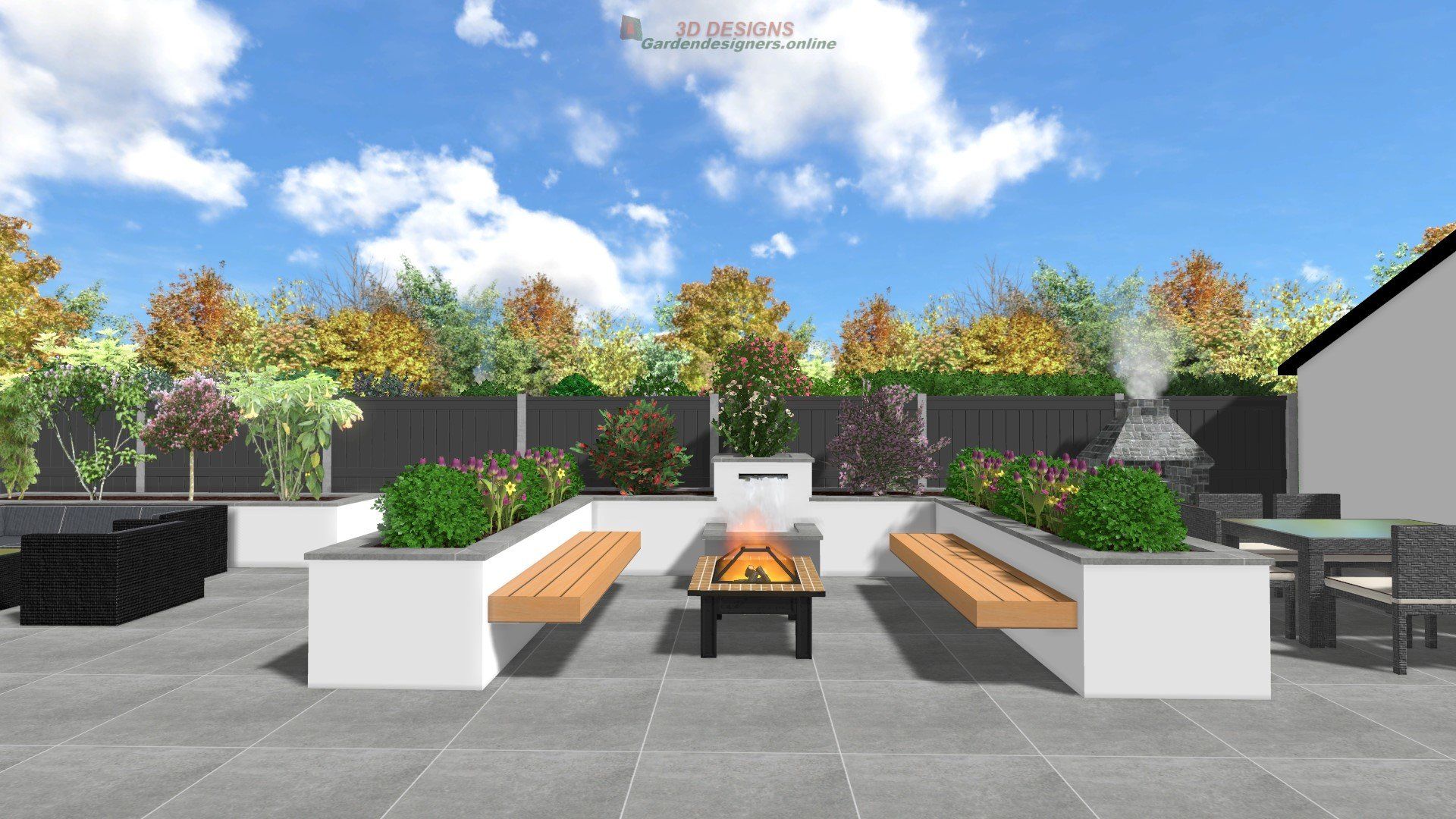 A computer generated image of a patio with a fire pit