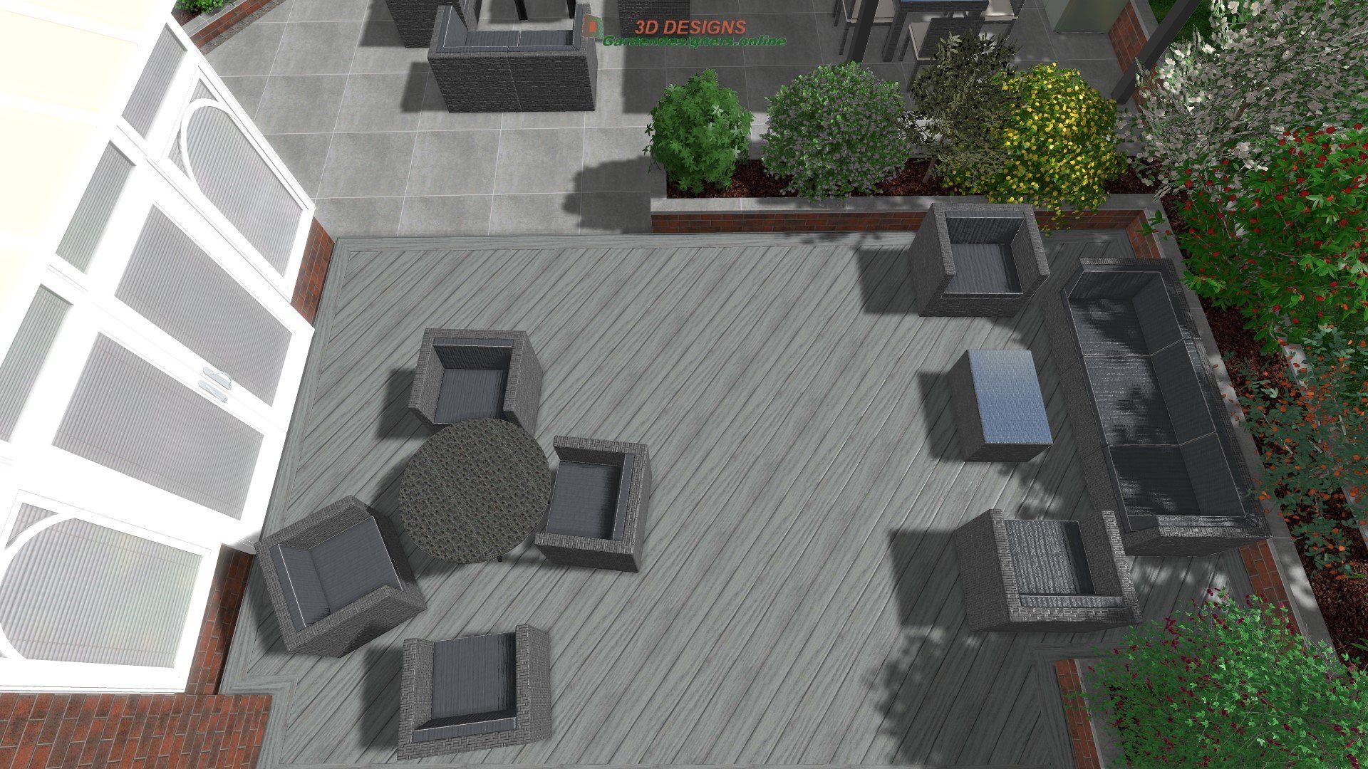 An aerial view of a patio with furniture and a fire pit.