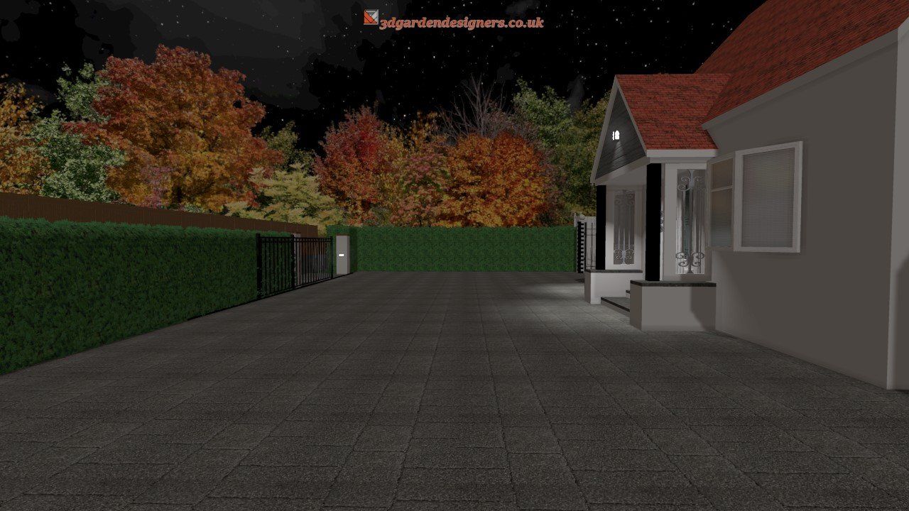 A computer generated image of a house at night