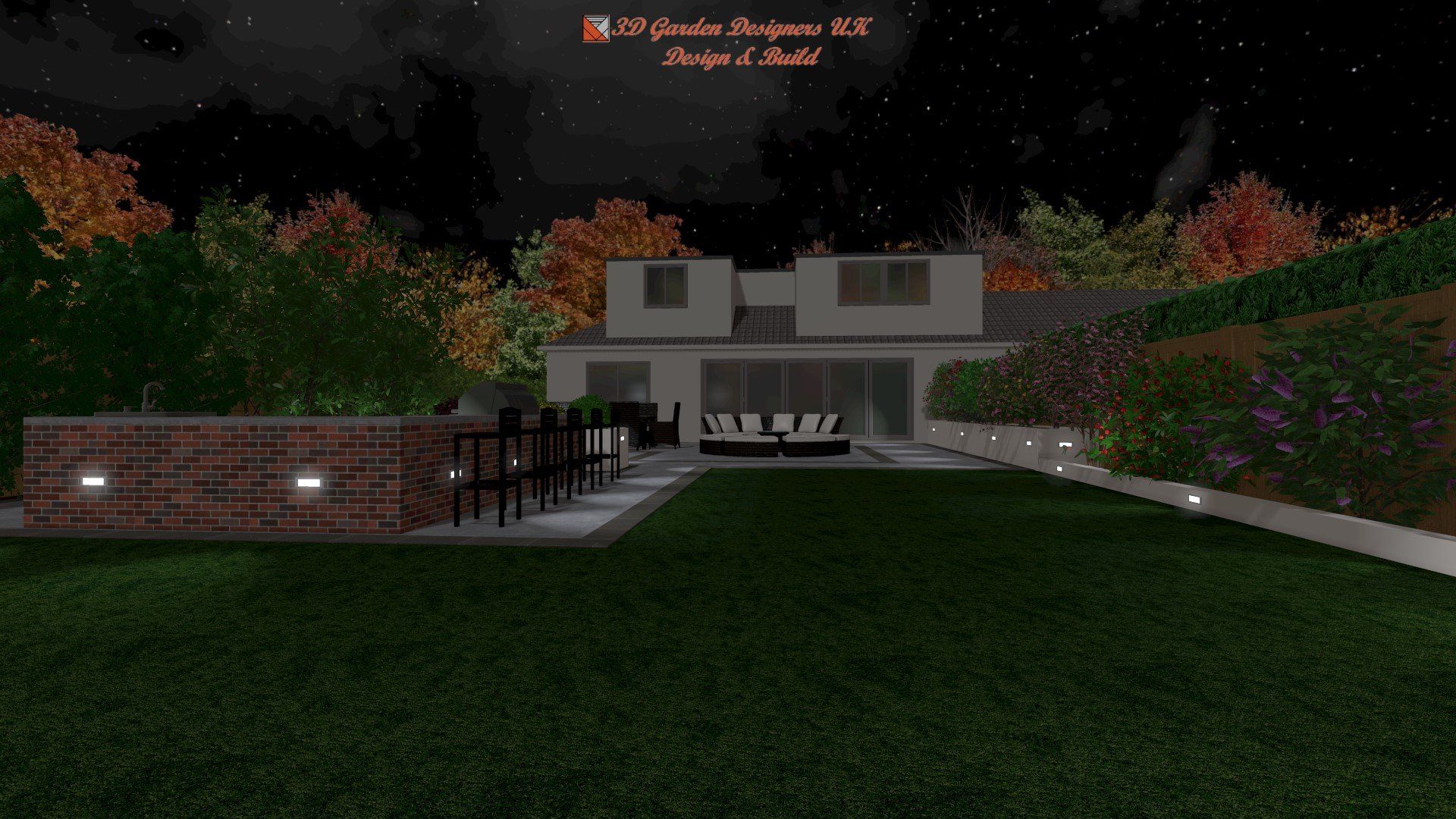 A computer generated image of a backyard at night with a house in the background.