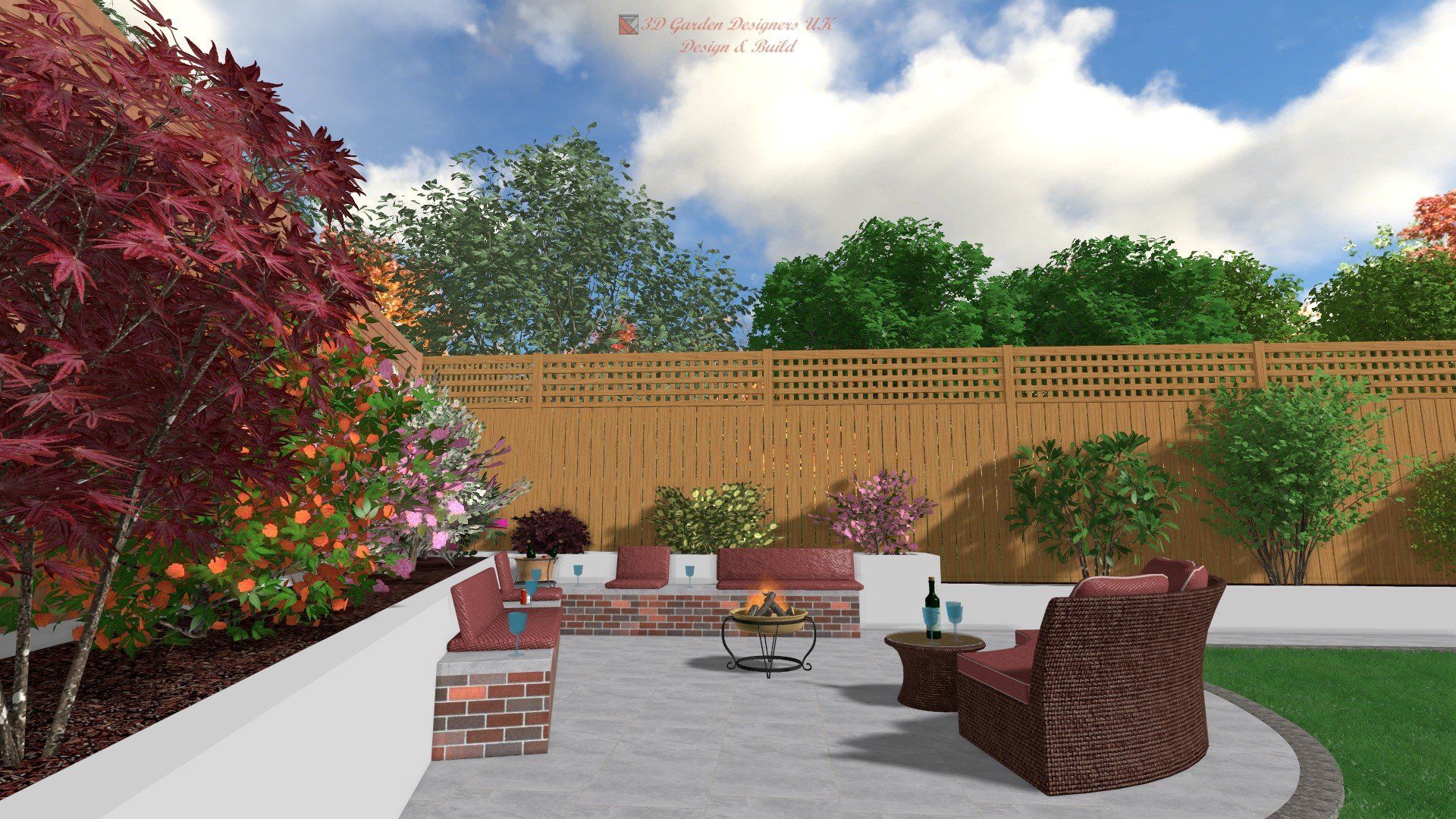 A computer generated image of a backyard with furniture and a fence