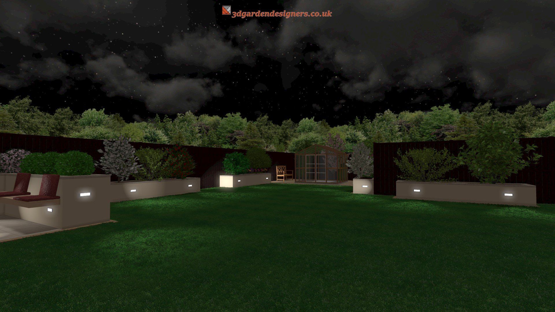 A computer generated image of a lush green lawn at night.