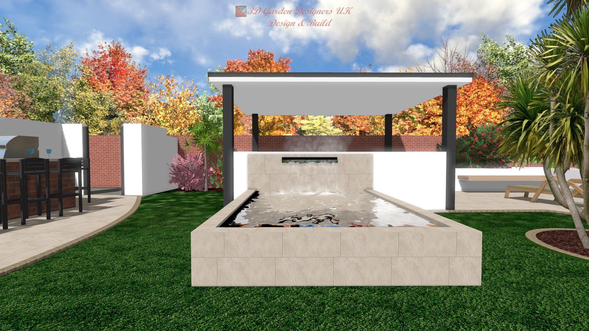 A computer generated image of a backyard with a waterfall