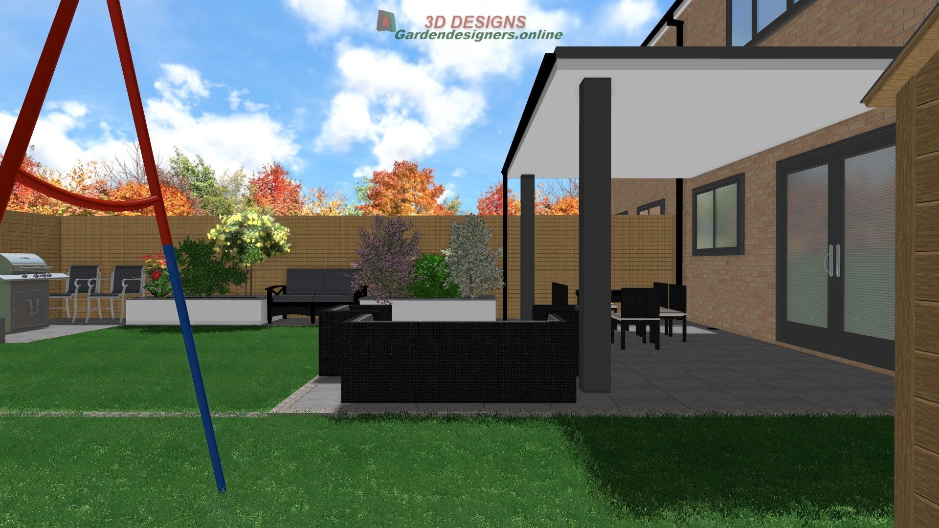 A computer generated image of a backyard with a patio and a swing set