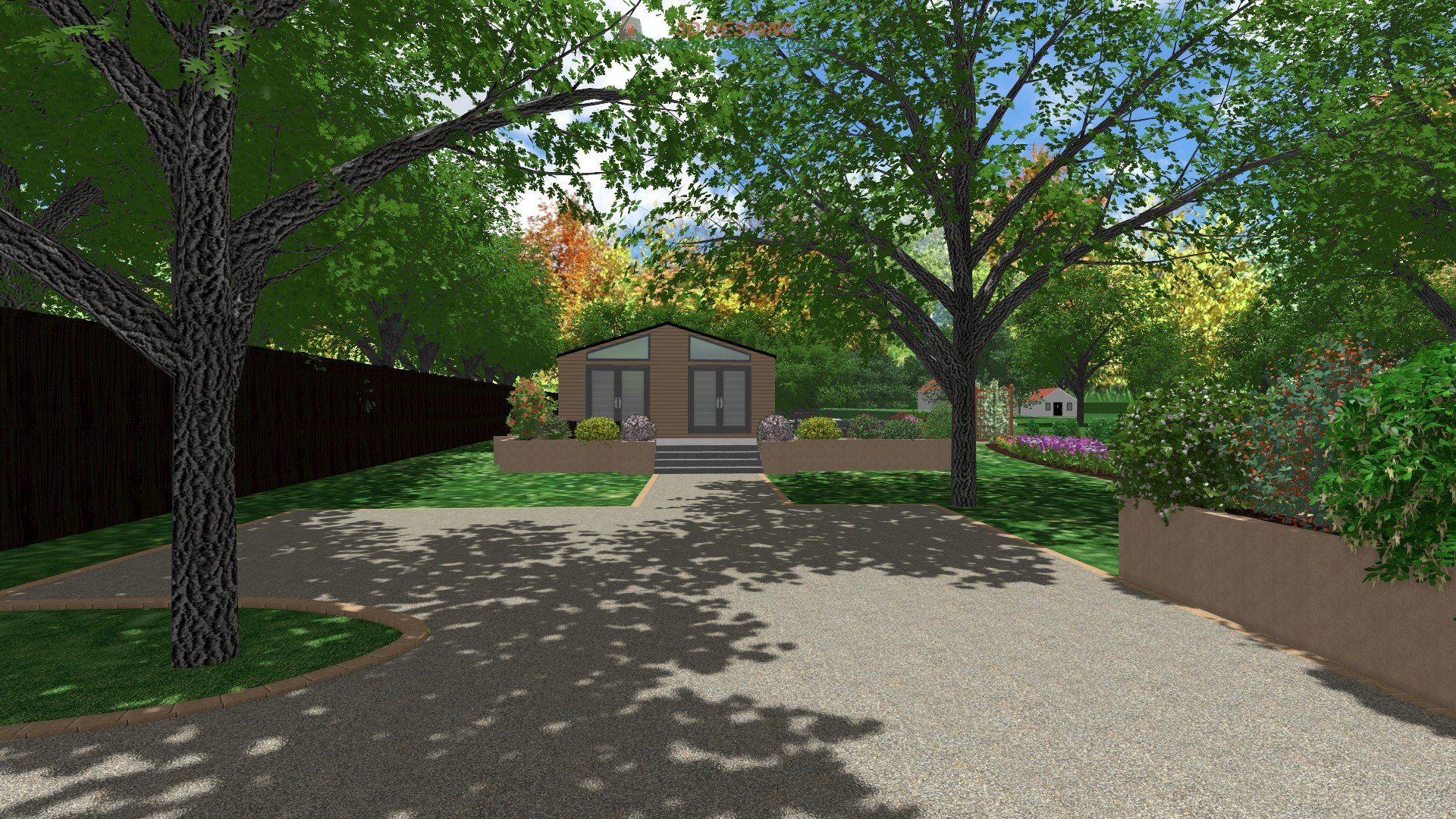 A computer generated image of a driveway leading to a house surrounded by trees.