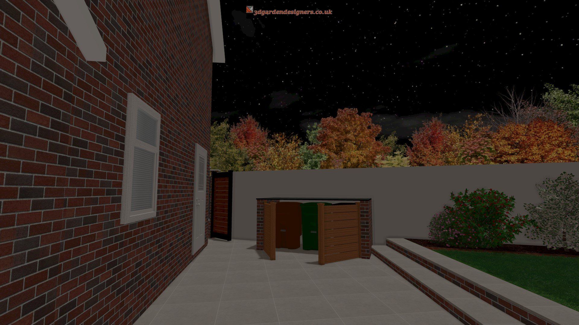 A computer generated image of a brick building at night