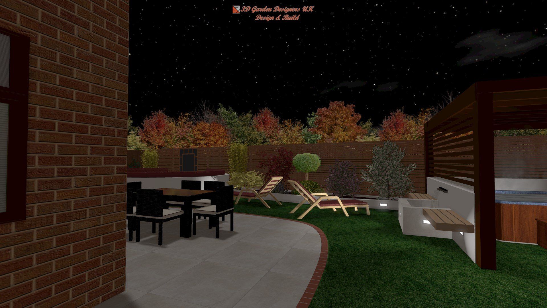 A computer generated image of a backyard with a table and chairs and a hot tub.