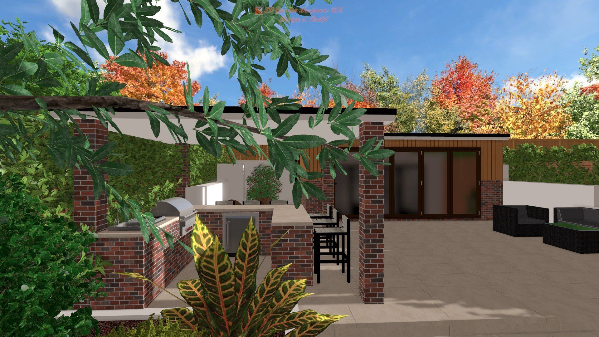 A computer generated image of a house with a patio area