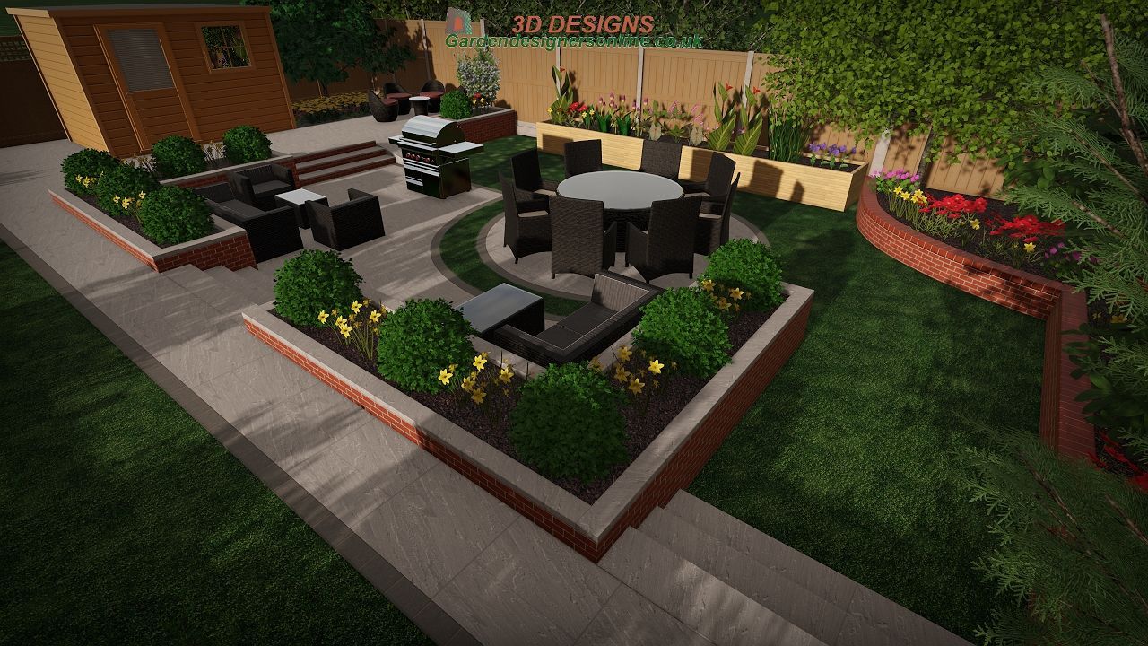 A computer generated image of a garden with a table and chairs.