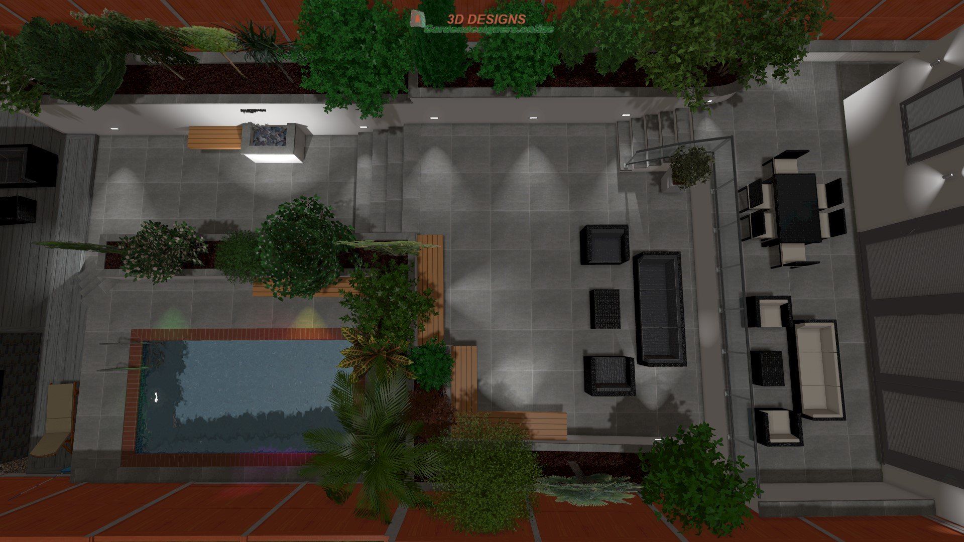 An aerial view of a house with a pool and furniture.