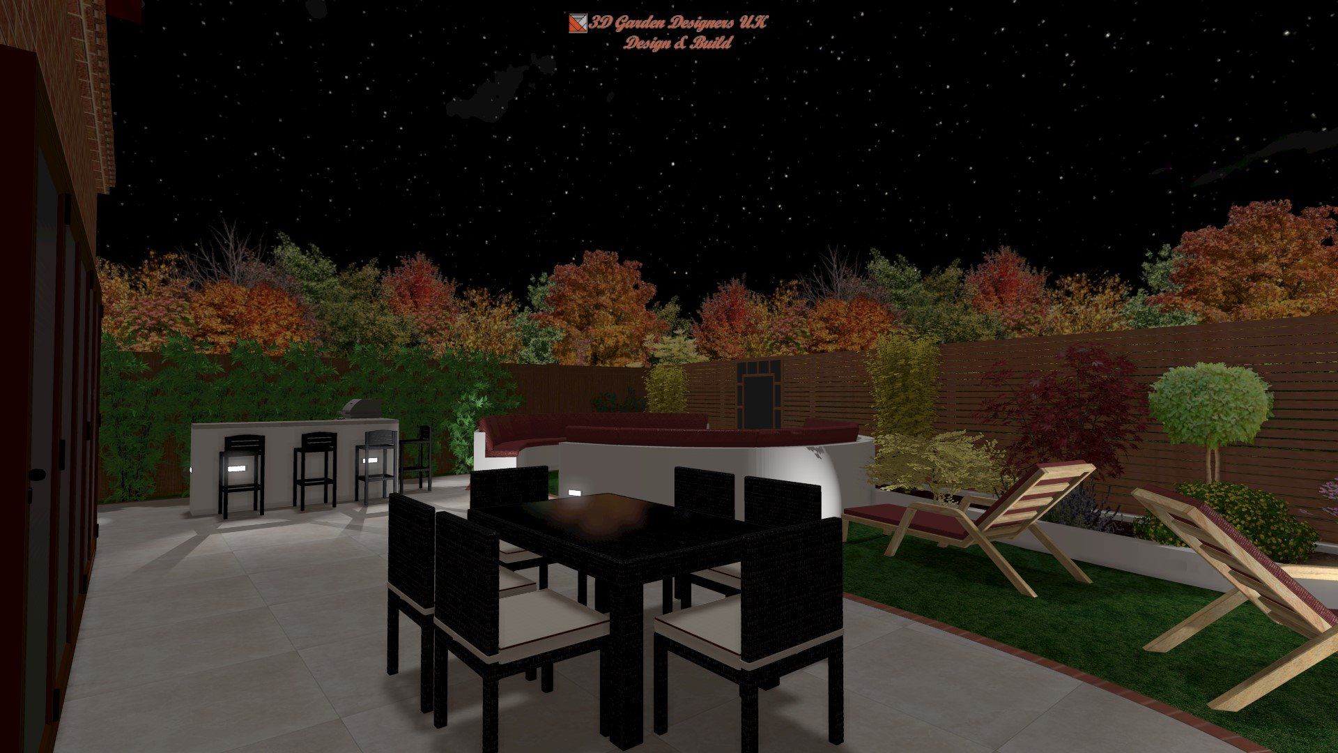 A computer generated image of a patio with a table and chairs at night
