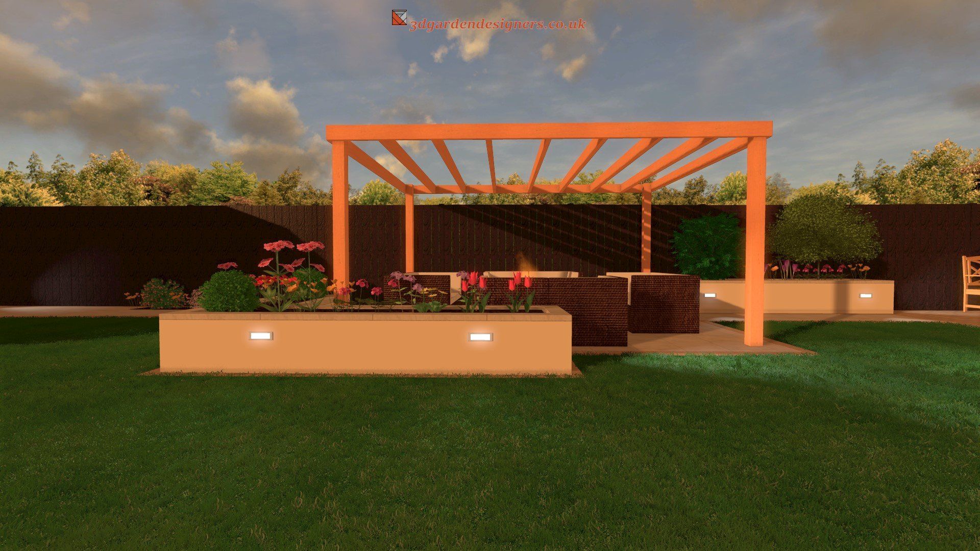 An artist 's impression of a backyard with a pergola and a fire pit.