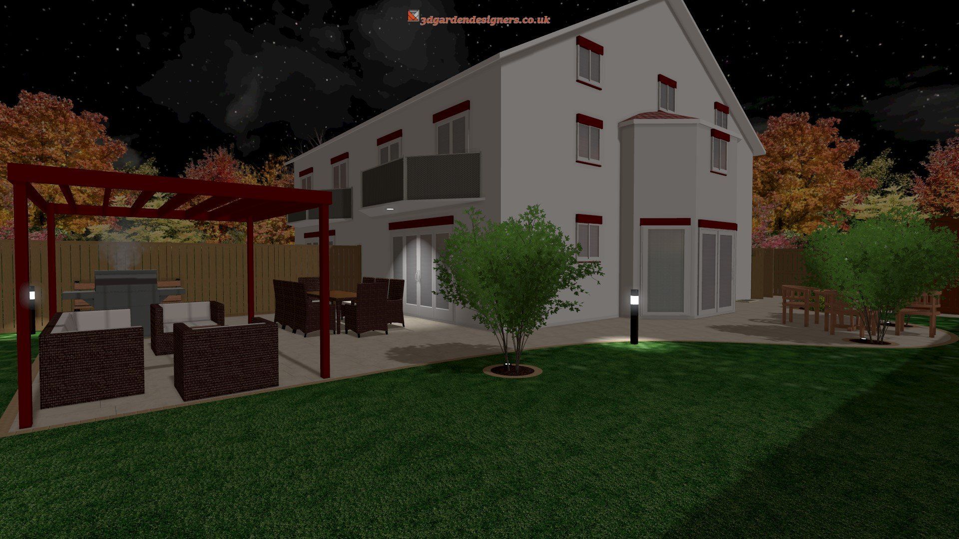 A 3d rendering of a house with a pergola and patio at night.