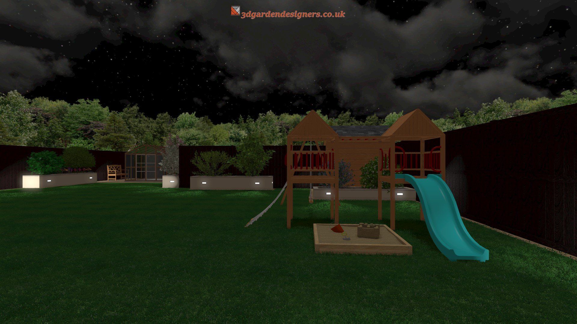 A backyard with a playground and a slide at night.